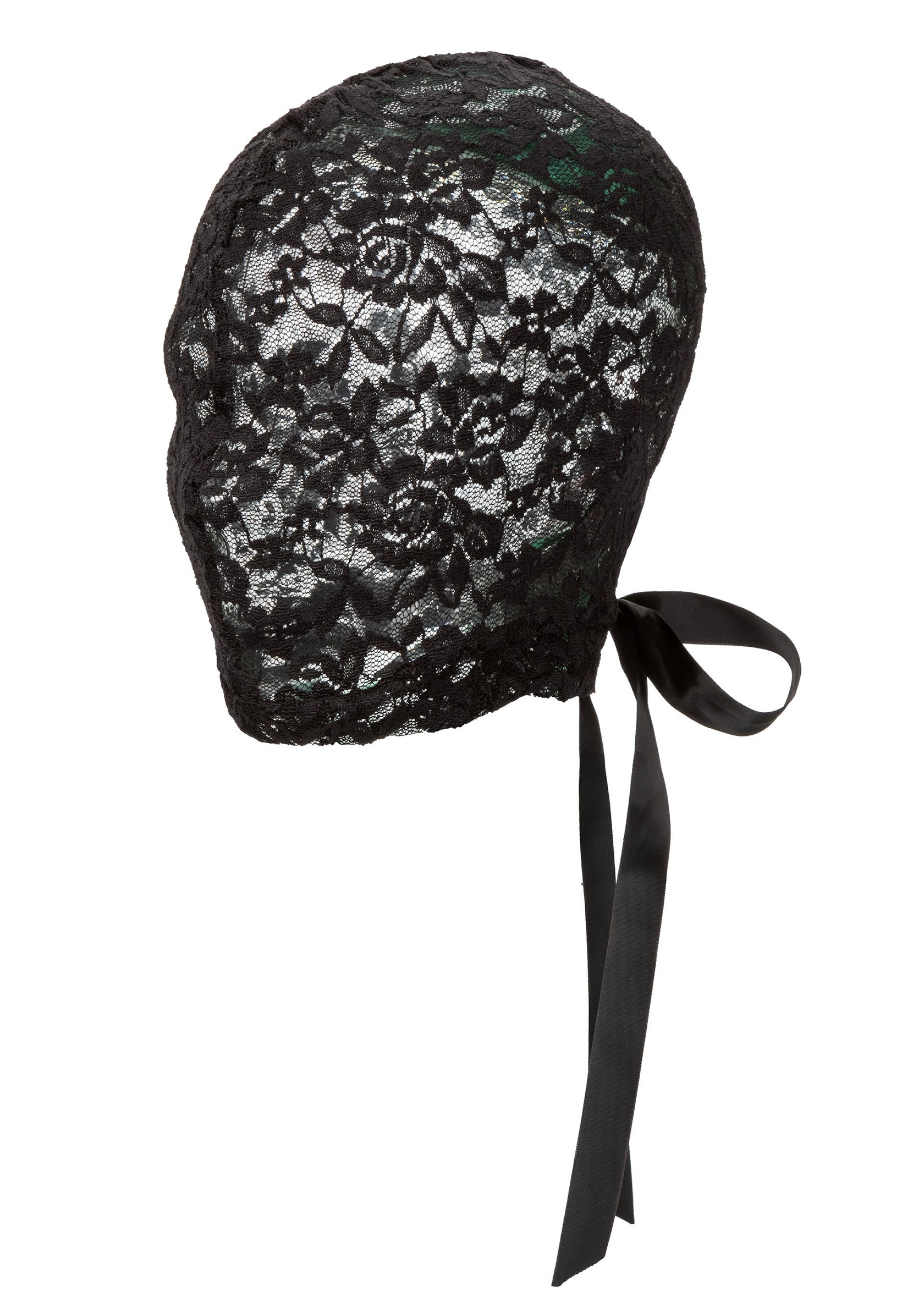 Cagoule en dentelle noire avec ruban. Accessoire de mode élégant et original.; Zwarte kanten bivakmuts met lint. Stijlvol en origineel modeaccessoire.; Black lace balaclava with ribbon tie. Stylish and unique fashion accessory.