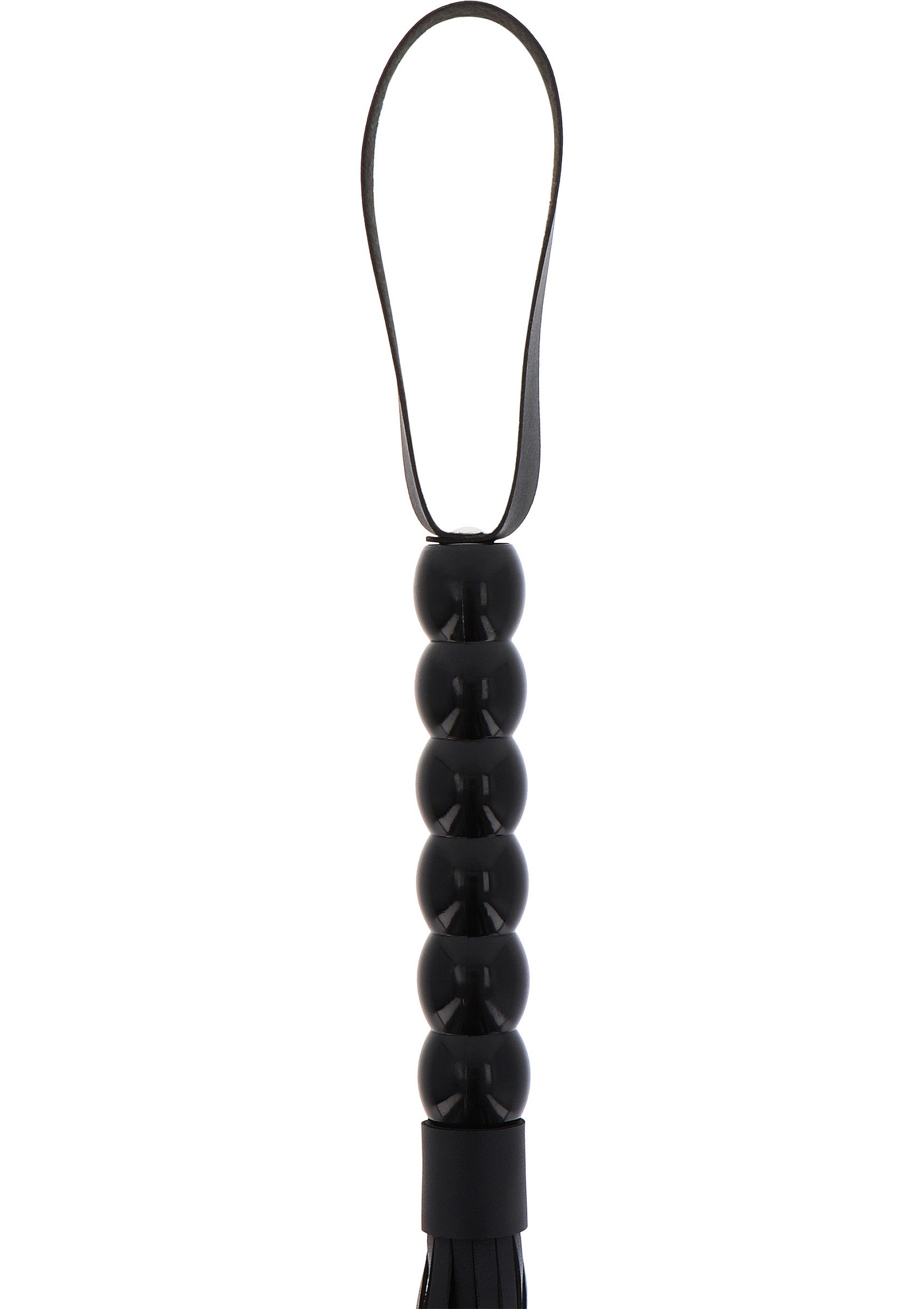 Cravache noire élégante avec des perles et une boucle pour une utilisation facile et un rangement pratique.; Elegante zwarte zweep met kralen en een lus voor eenvoudig gebruik en handige opslag.; Elegant black flogger with beads and a loop for easy use and convenient storage.