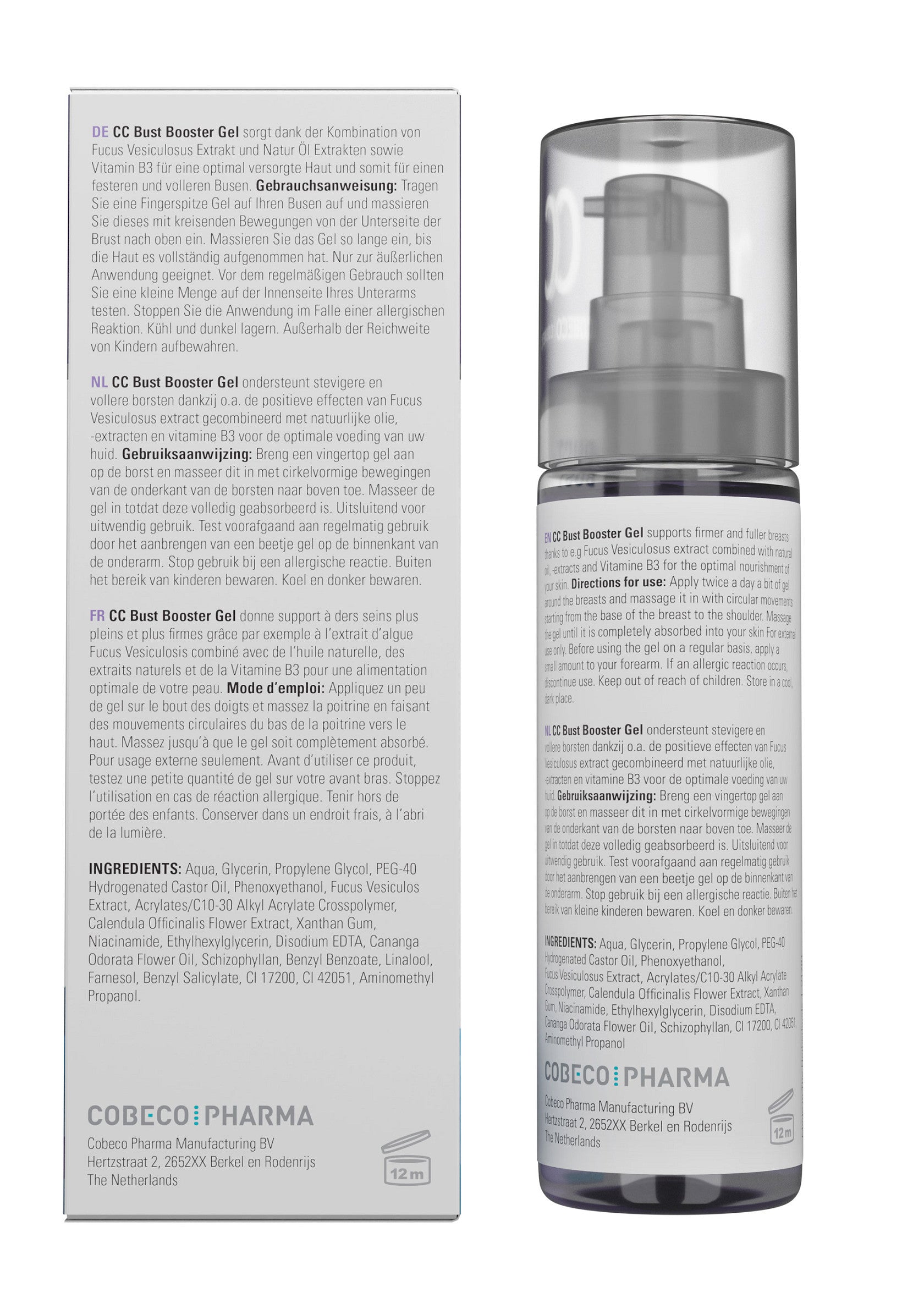 Gel booster buste CC Cobecopharma pour une peau plus ferme et hydratée. Enrichi en vitamine B2.; Cobecopharma CC Bust Booster Gel voor een stevigere en gehydrateerde huid. Verrijkt met vitamine B2.; Cobecopharma CC Bust Booster Gel for firmer, hydrated skin. Enriched with Vitamin B2 for optimal effect.