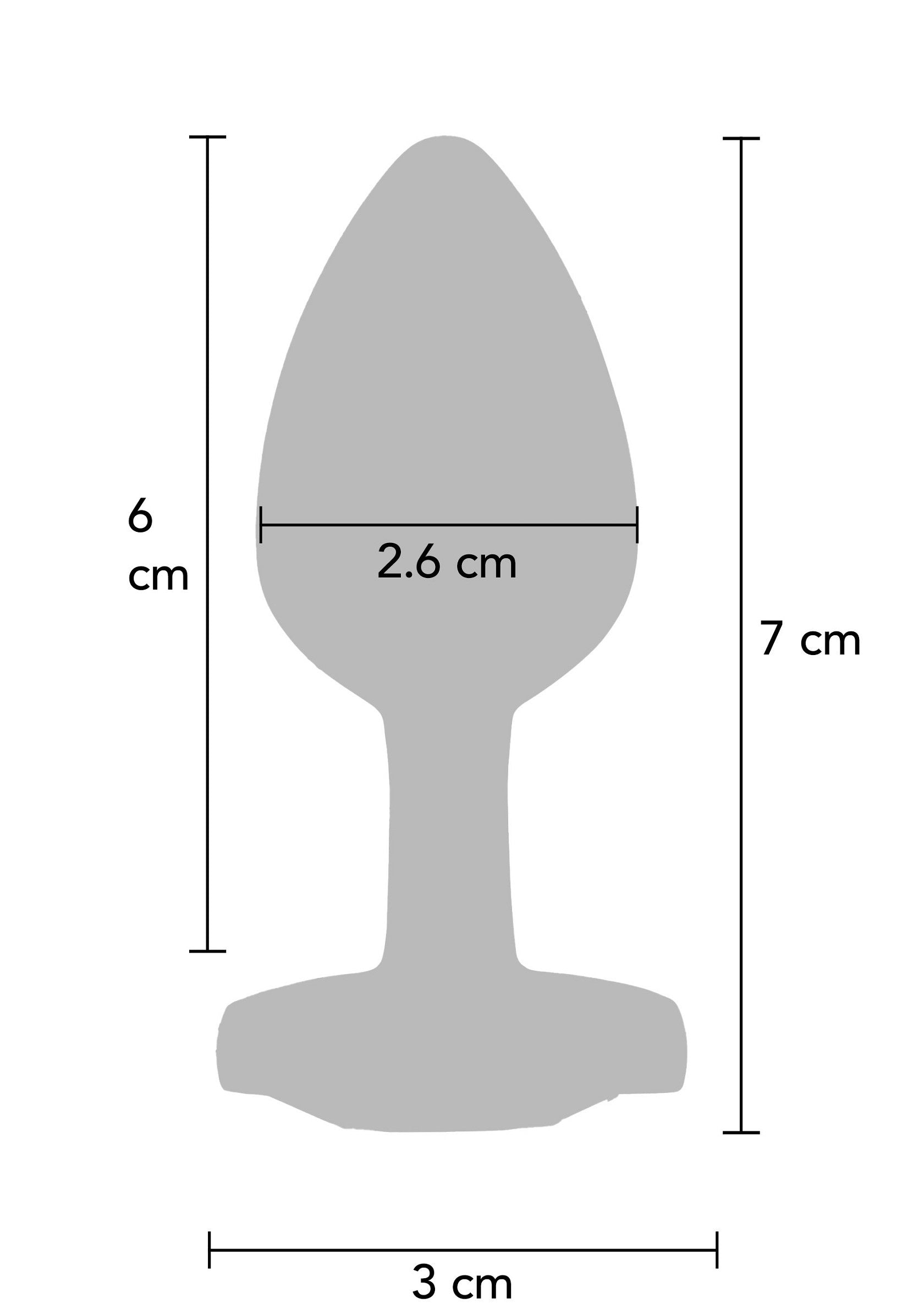 Schéma d'une sonde anale avec ses dimensions (6 cm de haut, 2,6 cm de large, base de 3 cm).; Schema van een anale plug met afmetingen (6 cm hoog, 2,6 cm breed, basis 3 cm).; Diagram of an anal plug with dimensions (6 cm high, 2.6 cm wide, 3 cm base).