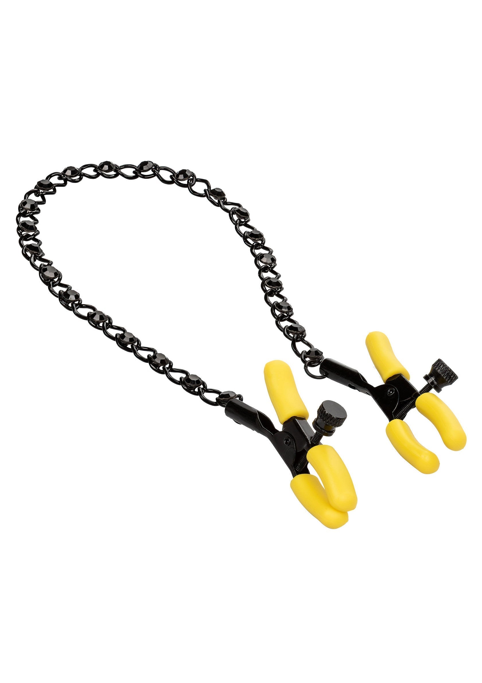 Pinces à tétons noires avec chaîne pour un plaisir intense. Intensifiez vos jeux érotiques!; Zwarte tepelklemmen met ketting voor intens genot. Intensifieer je erotische spelletjes!; Black nipple clamps with chain for intense pleasure. Intensify your erotic games!