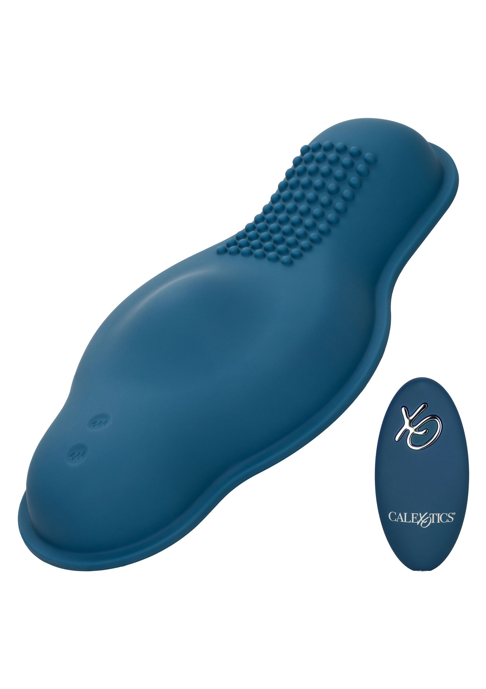 Masseur vibrant CalExotics en silicone bleu pour le plaisir masculin.; Blauwe siliconen CalExotics vibrerende stimulator voor mannelijk genot.; Blue silicone CalExotics vibrating massager for male pleasure.