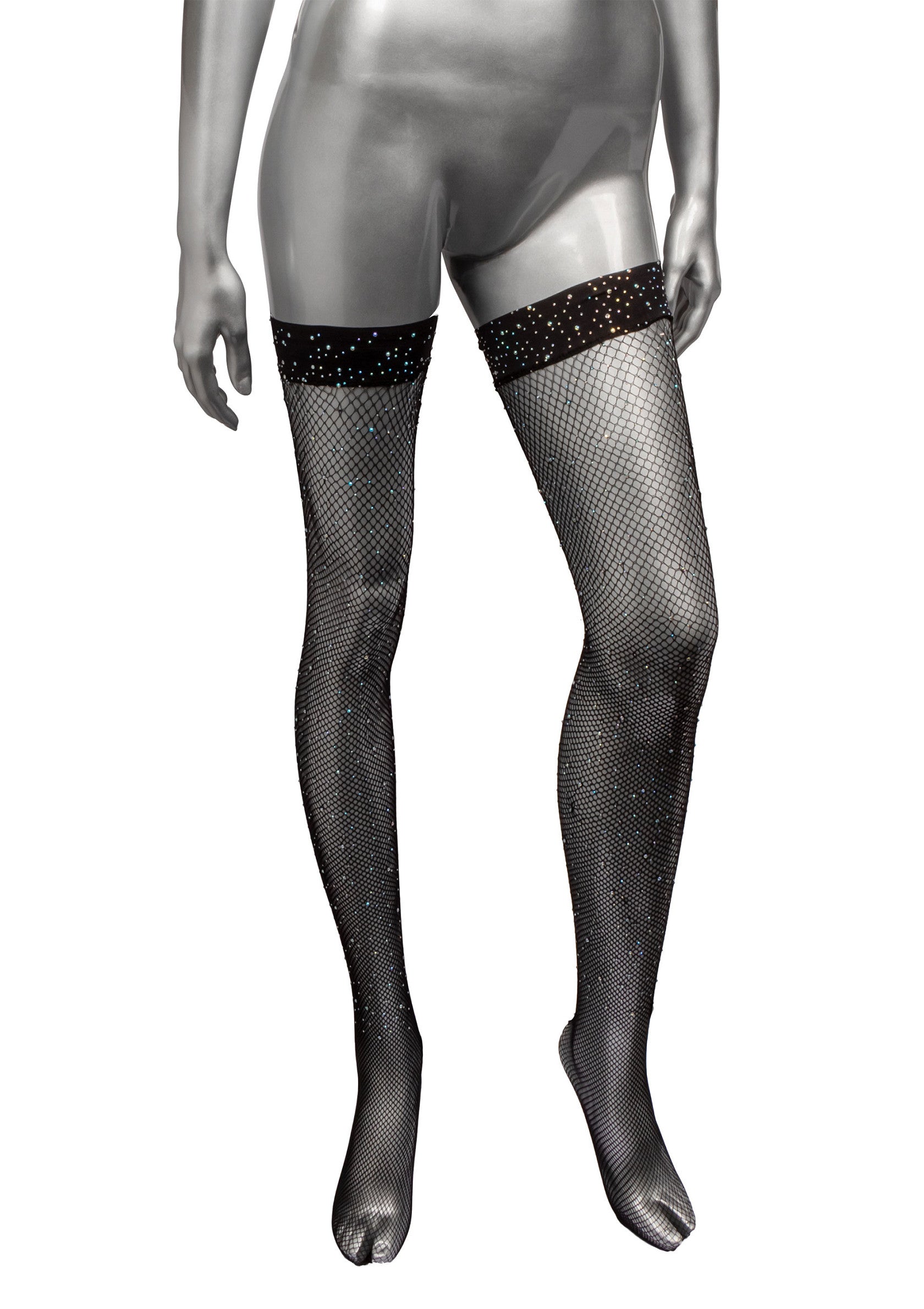 Bas résille noirs scintillants avec bordure décorée pour une touche glamour à votre tenue.; Glanzende zwarte netkousen met versierde rand voor een glamoureuze touch aan je outfit.; Sparkling black fishnet stockings with decorated trim for a glamorous touch to your outfit.