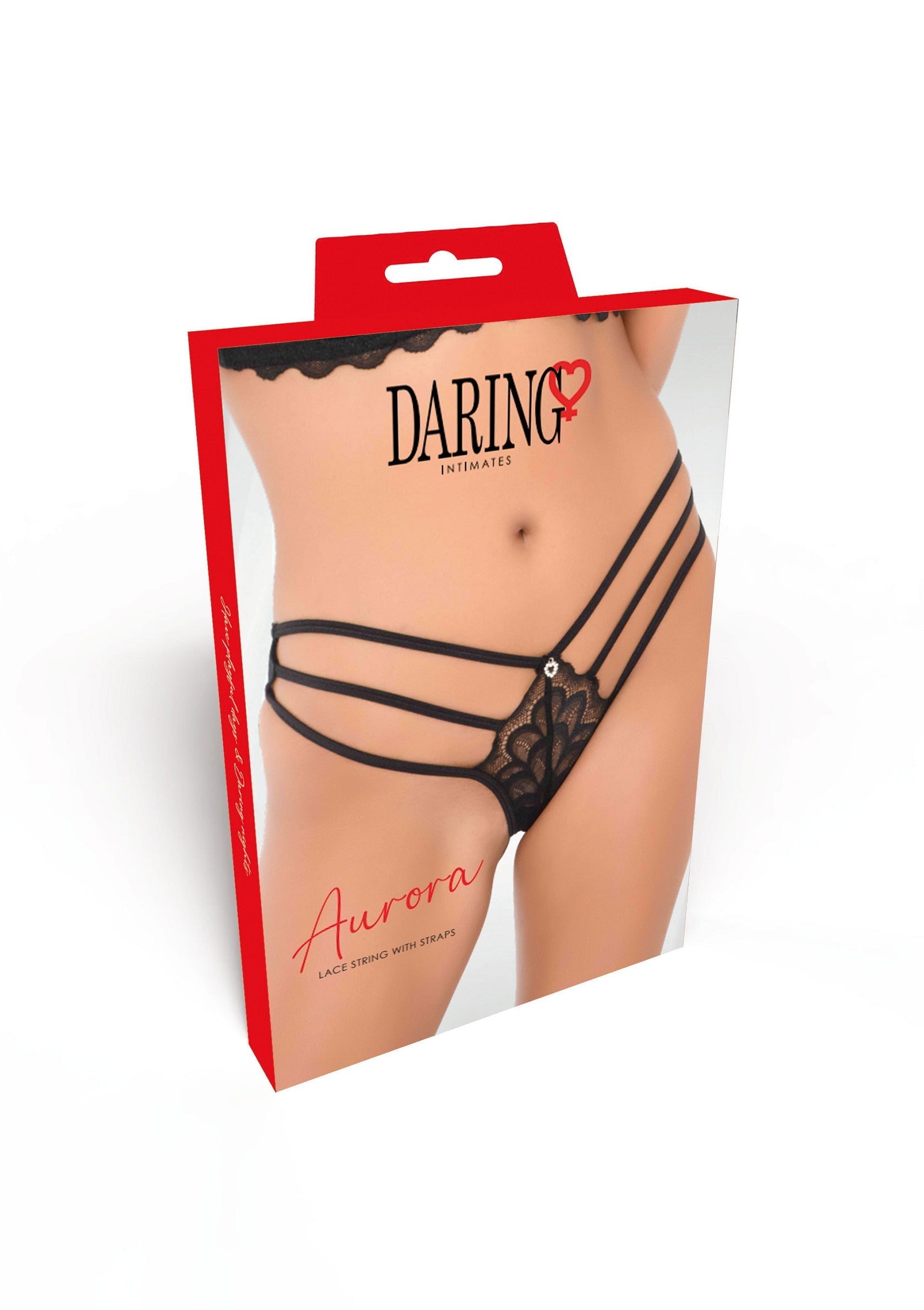 String en dentelle noire Daring Intimates Aurora avec des bretelles. Lingerie féminine élégante.; Daring Intimates Aurora zwarte kanten string met bandjes. Stijlvolle dameslingerie.; Daring Intimates Aurora black lace string with straps. Stylish women's lingerie.