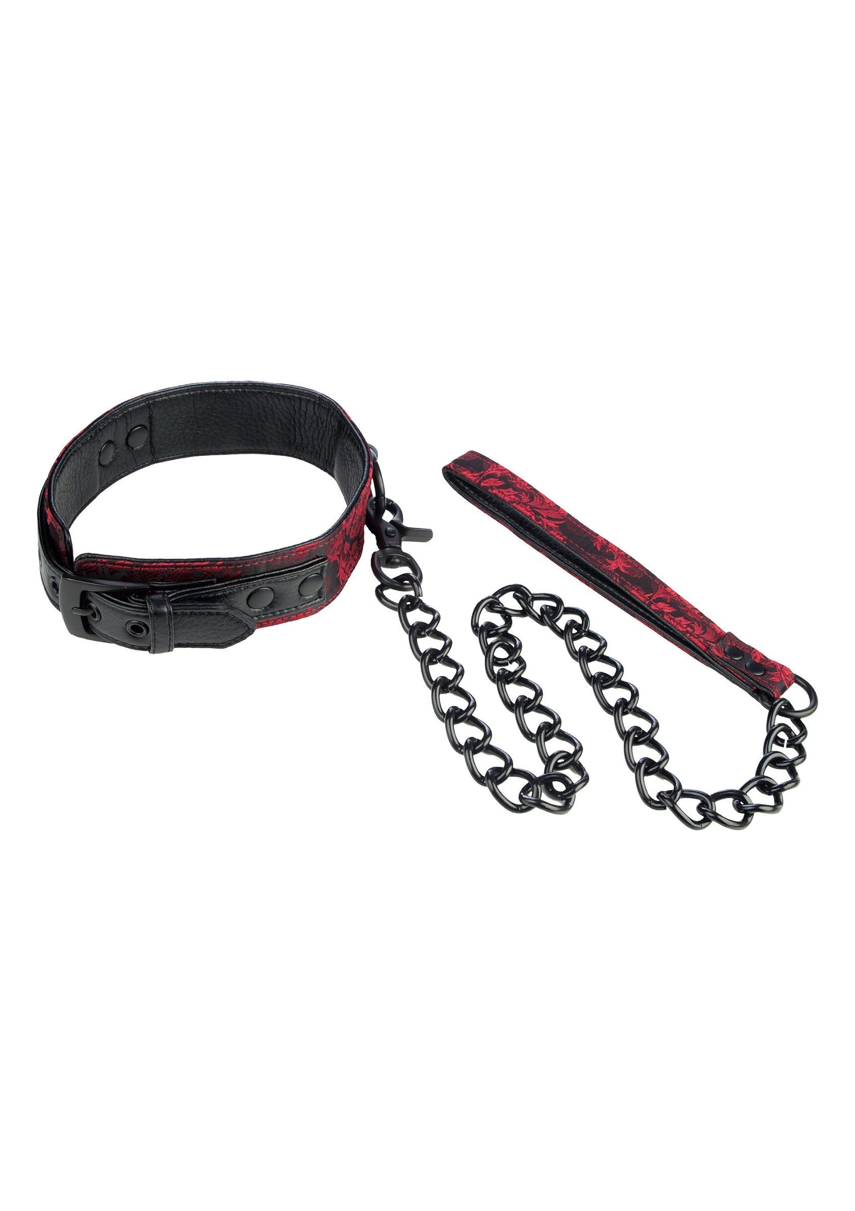 Collier et laisse noirs et rouges, pour un style audacieux.; Zwarte en rode halsband en riem, voor een gedurfde stijl.; Black and red collar and leash, for a daring style.