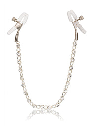 Pinces à tétons argentées avec chaîne de strass pour un plaisir intense.; Zilveren tepelklemmen met strass ketting voor intense prikkeling.; Silver nipple clamps with rhinestone chain for intense pleasure.