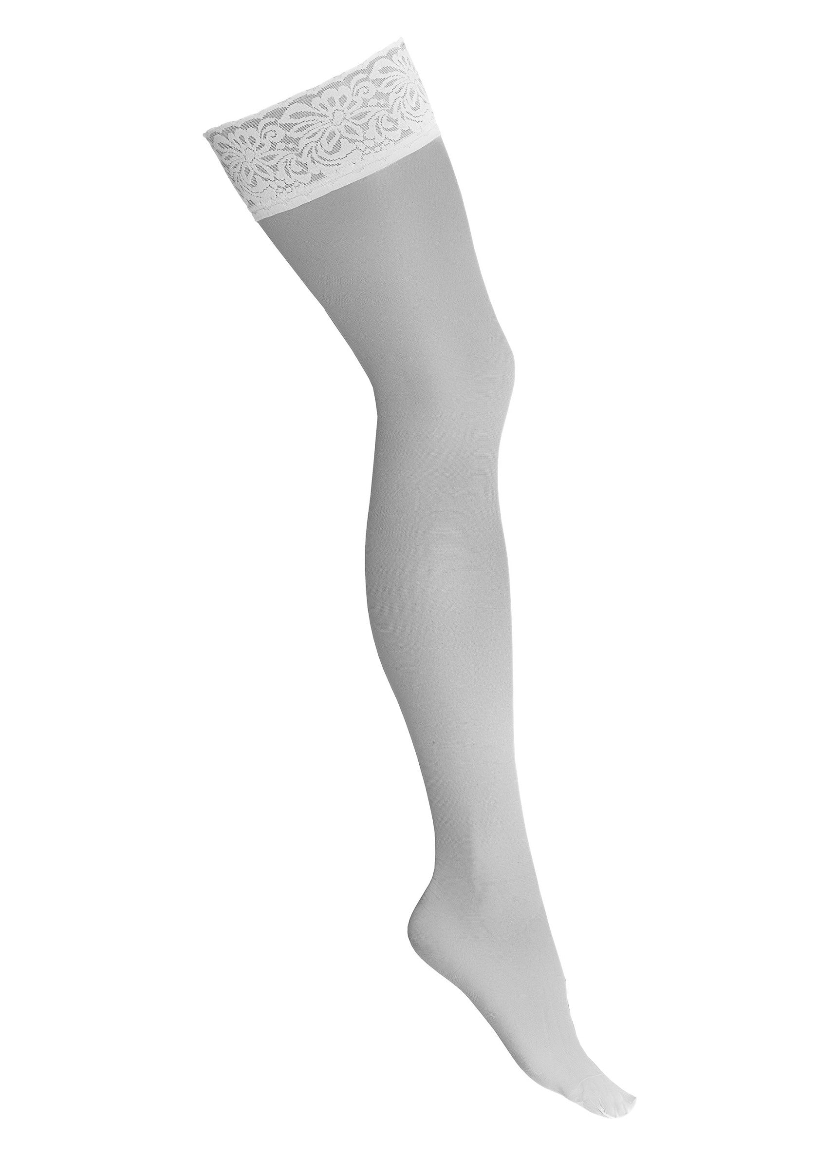 Bas autofixants blancs avec bordure en dentelle élégante pour une touche de sophistication.; Witte stay-up kousen met elegant kanten randje voor een vleugje verfijning.; White stay-up stockings with elegant lace trim for a touch of sophistication.