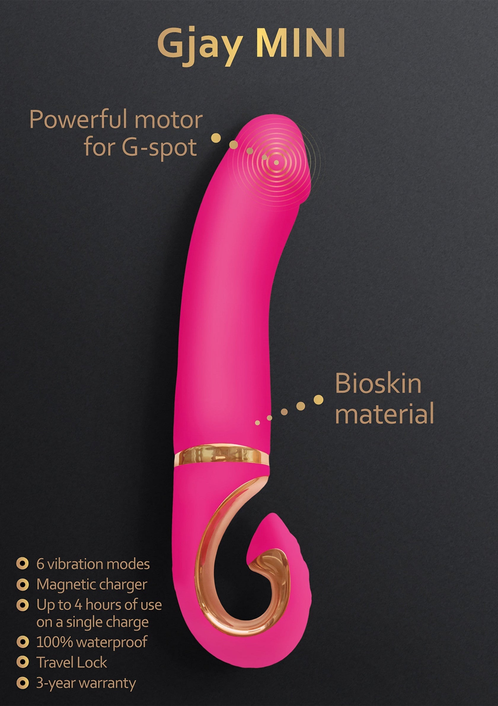 Gjay MINI vibromasseur rose, puissant pour le point G, 6 modes, étanche, garantie 3 ans. Découvrez le plaisir intense !; Gjay MINI roze vibrator, krachtig voor de G-spot, 6 standen, waterdicht, 3 jaar garantie. Ontdek intens genot!; Gjay MINI pink vibrator, powerful G-spot stimulation, 6 modes, waterproof, 3-year warranty. Experience intense pleasure!