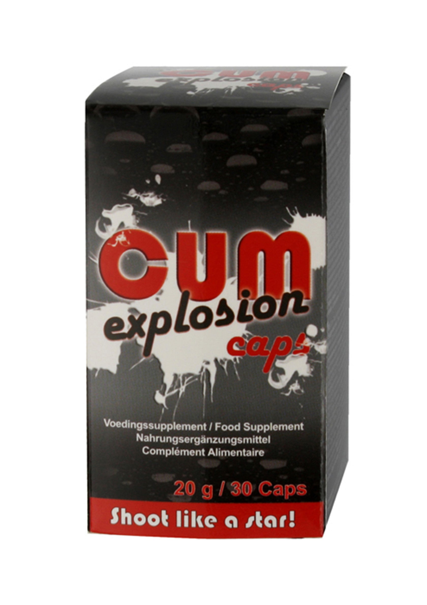 Cum explosion caps: Complément alimentaire pour adultes. 20g / 30 capsules pour une expérience explosive!; Cum explosion caps: Voedingssupplement voor volwassenen. 20g / 30 capsules voor een explosieve ervaring!; Cum explosion caps: Adult food supplement. 20g / 30 capsules for an explosive experience! Shoot like a star!