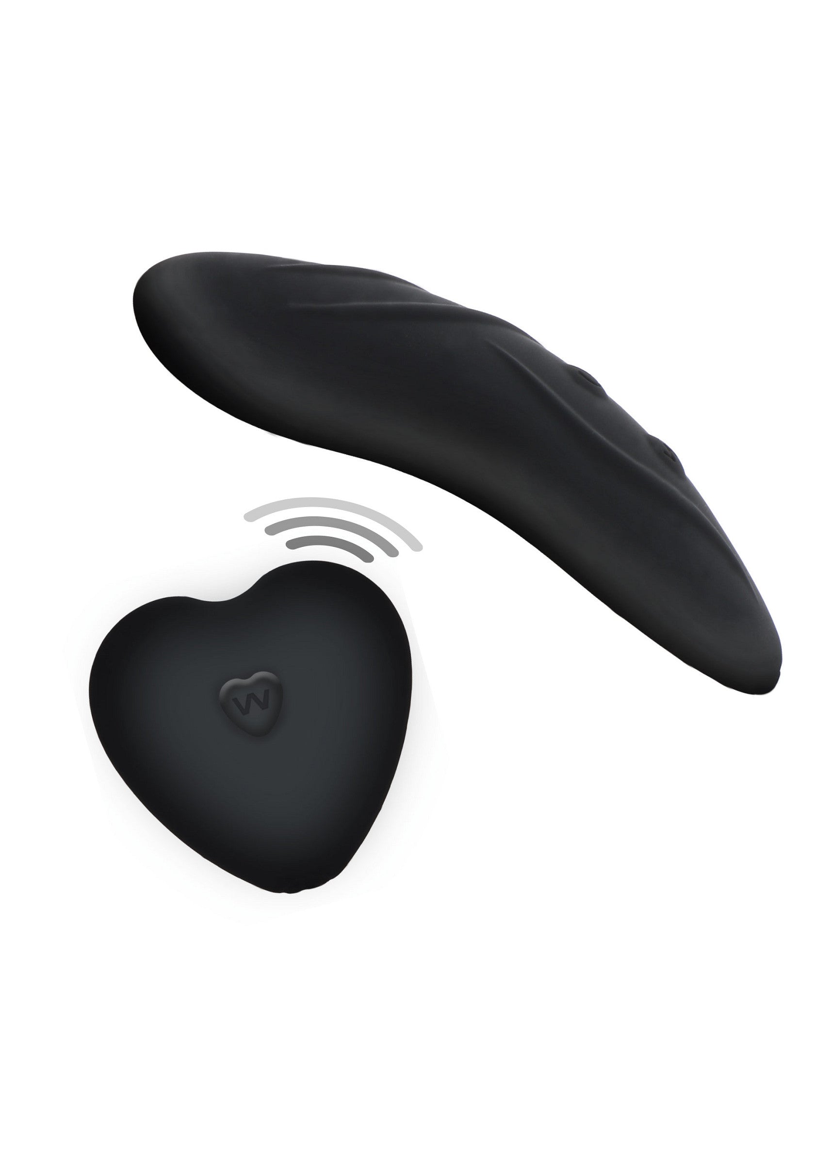 Masseur vibrant noir avec télécommande en forme de cœur pour des sensations intenses et personnalisées.; Zwarte vibrerende massager met hartvormige afstandsbediening voor intense, gepersonaliseerde sensaties.; Black vibrating massager with heart-shaped remote control for intense, personalized sensations.