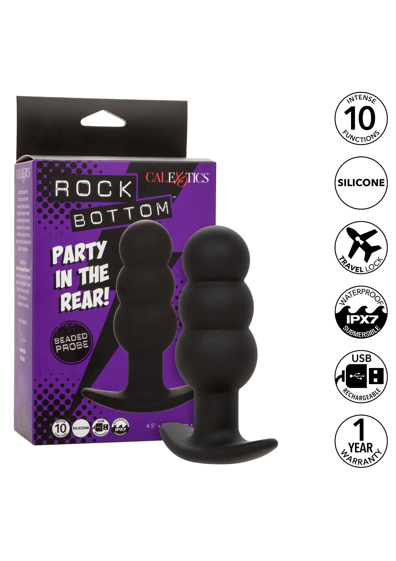 Plug anal noir 'Rock Bottom' de CalExotics. Silicone, 10 fonctions, étanche et rechargeable via USB. Garantie 1 an.; Zwarte 'Rock Bottom' anale plug van CalExotics. Siliconen, 10 functies, waterdicht en oplaadbaar via USB. 1 jaar garantie.; Black 'Rock Bottom' anal plug by CalExotics. Silicone, 10 functions, waterproof, and USB rechargeable. 1-year warranty.