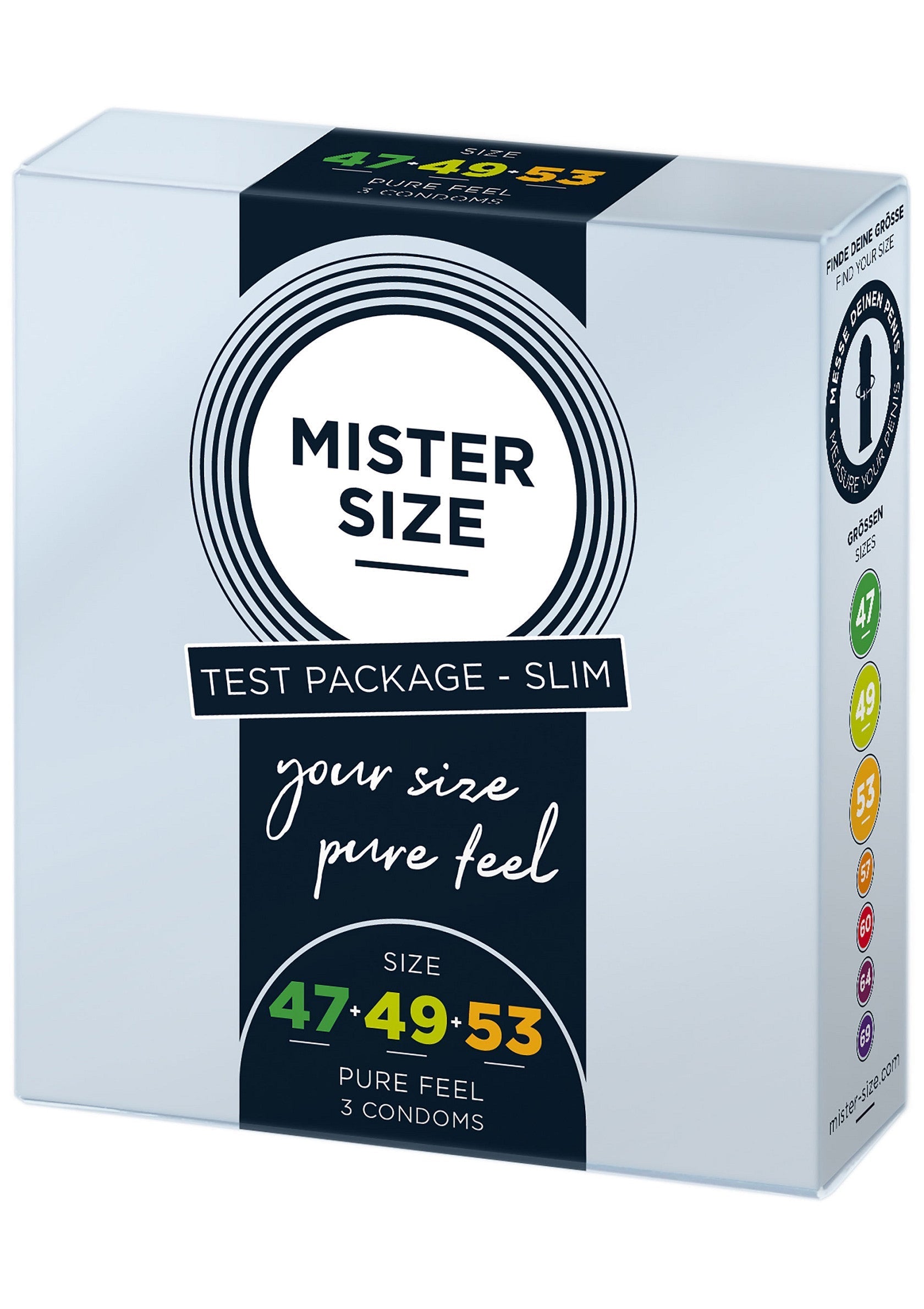 Paquet d'essai Mister Size Slim : 3 préservatifs de tailles 47, 49 et 53. Trouvez votre taille idéale.; Mister Size Slim testpakket: 3 condooms in maat 47, 49 en 53. Vind uw ideale maat.; Mister Size Slim test pack: 3 condoms in sizes 47, 49 & 53. Find your perfect fit.