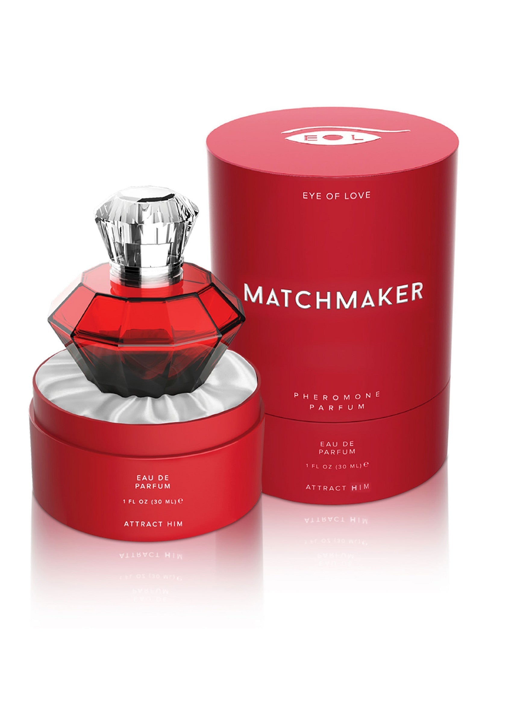 Eye of Love Matchmaker, parfum aux phéromones 'Attract Him'. Un parfum séduisant dans un flacon rouge et élégant.; Eye of Love Matchmaker, feromoonparfum 'Attract Him'. Een verleidelijke geur in een elegante rode fles.; Eye of Love Matchmaker, 'Attract Him' pheromone perfume. Seductive fragrance in a stylish red bottle.