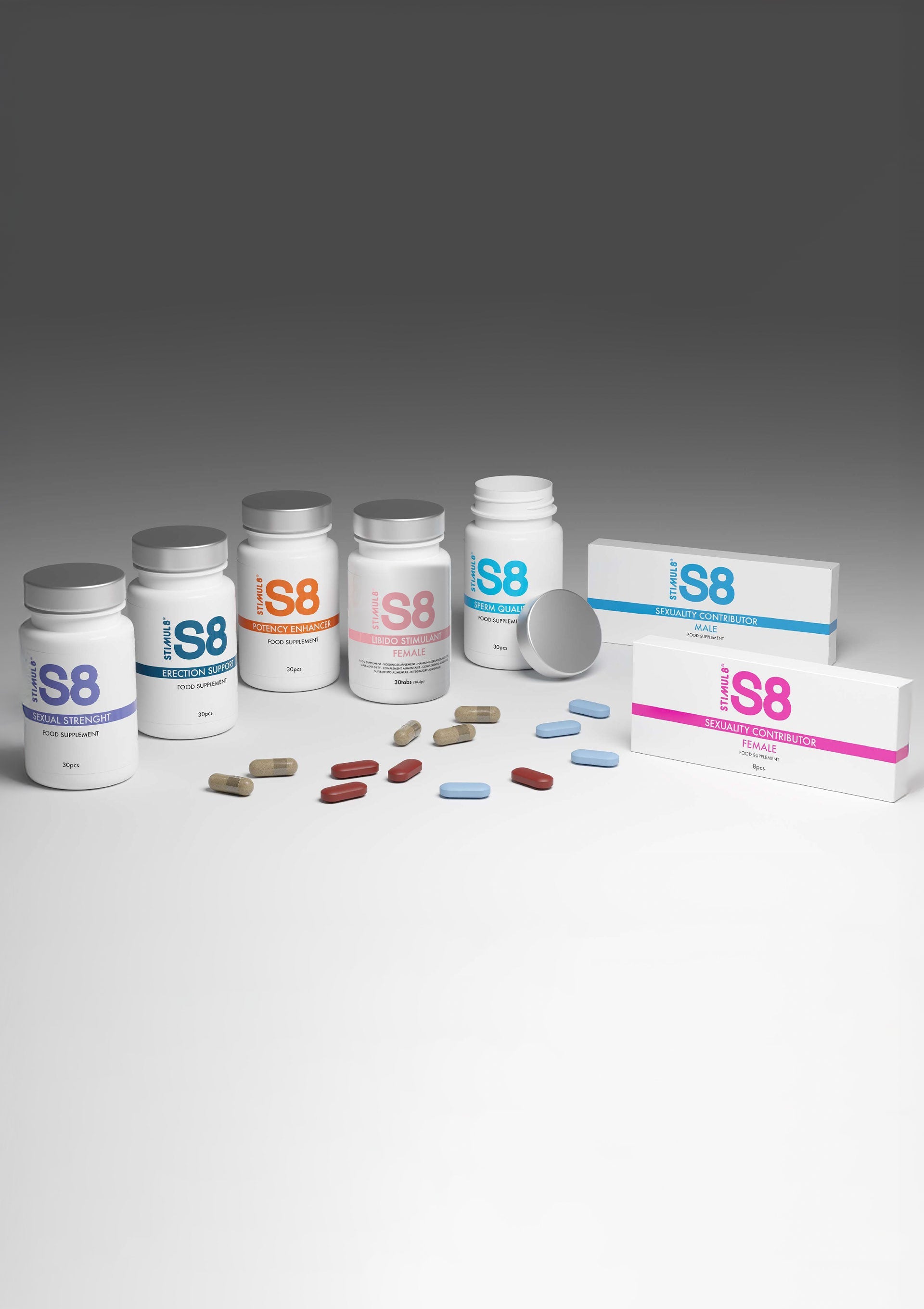 Gamme de suppléments iS8. Boostez votre bien-être avec nos formules de qualité supérieure.; iS8 supplementen assortiment. Verbeter uw welzijn met onze hoogwaardige formules.; iS8 supplement range. Enhance your wellbeing with our premium quality formulas.