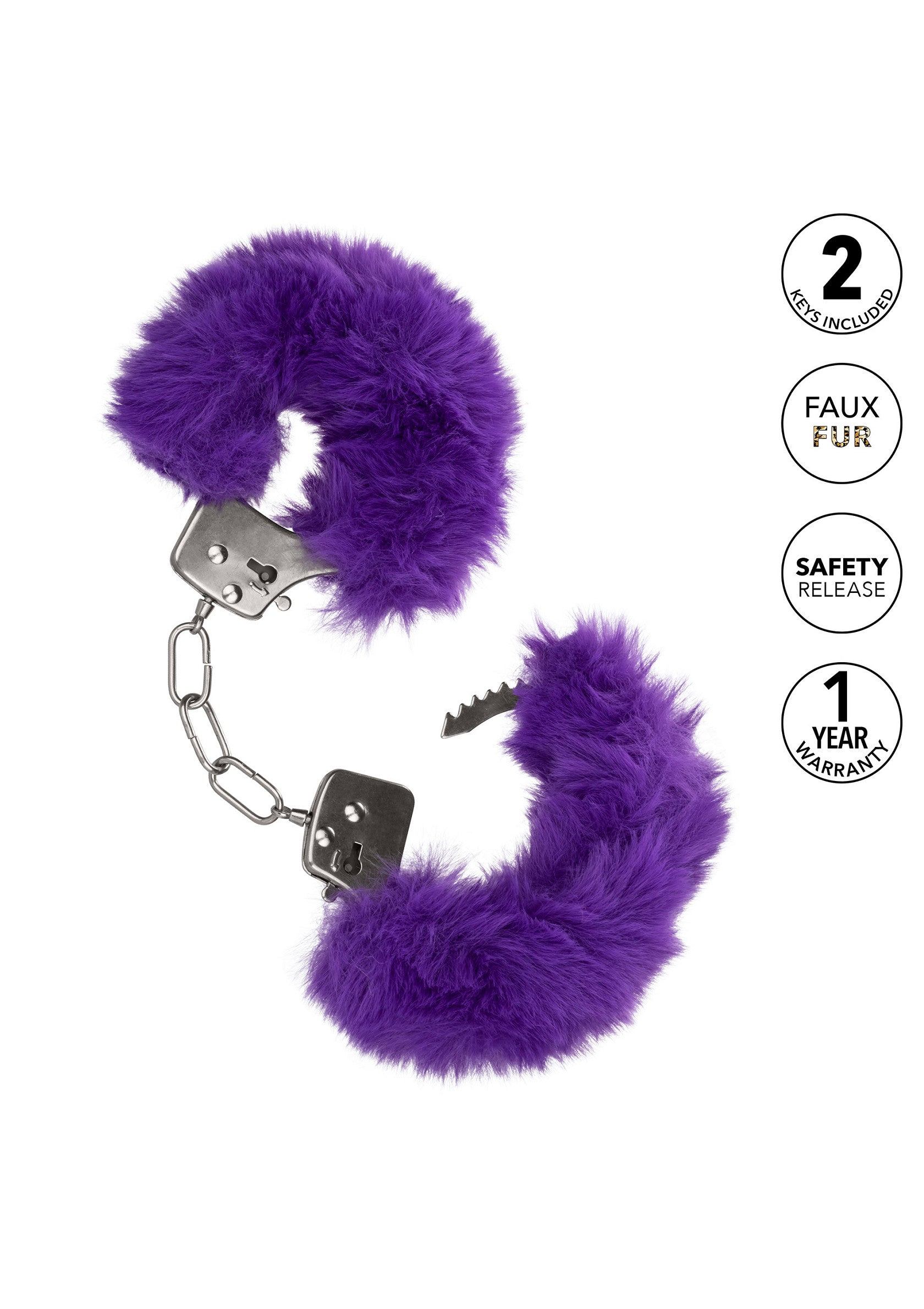 Menottes en fausse fourrure violette. Accessoires de jeux coquins avec clés et sécurité.; Paarse, pluizige handboeien van imitatiebont. Speelse accessoires met sleutels en veiligheidsslot.; Purple faux fur handcuffs. Kinky play accessories with keys and safety release.