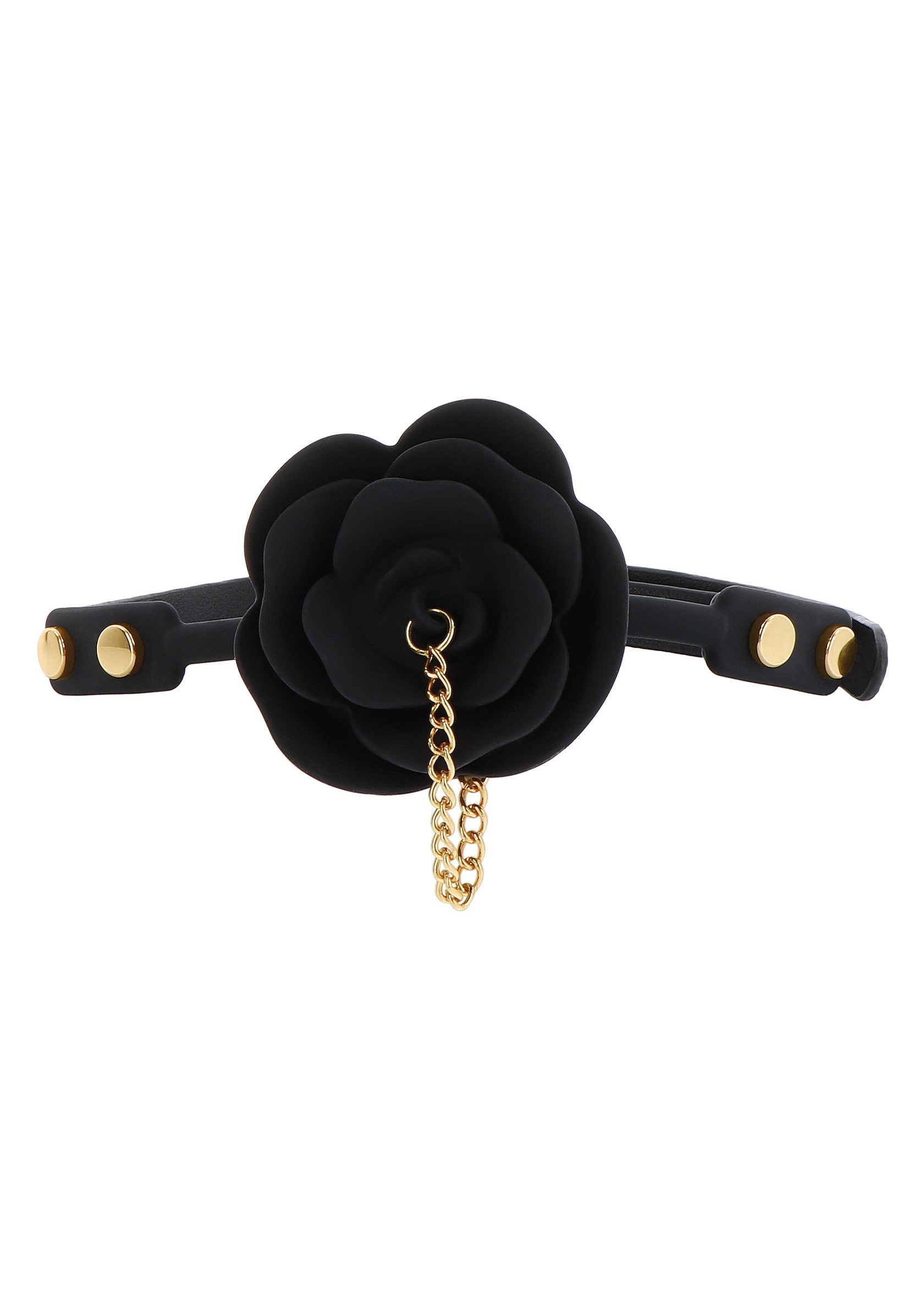 Ras de cou noir avec une rose et une chaîne dorée pour un look élégant et tendance.; Zwarte choker met roos en gouden ketting voor een elegante en trendy look.; Black choker necklace featuring a rose and gold chain for an elegant and trendy look.