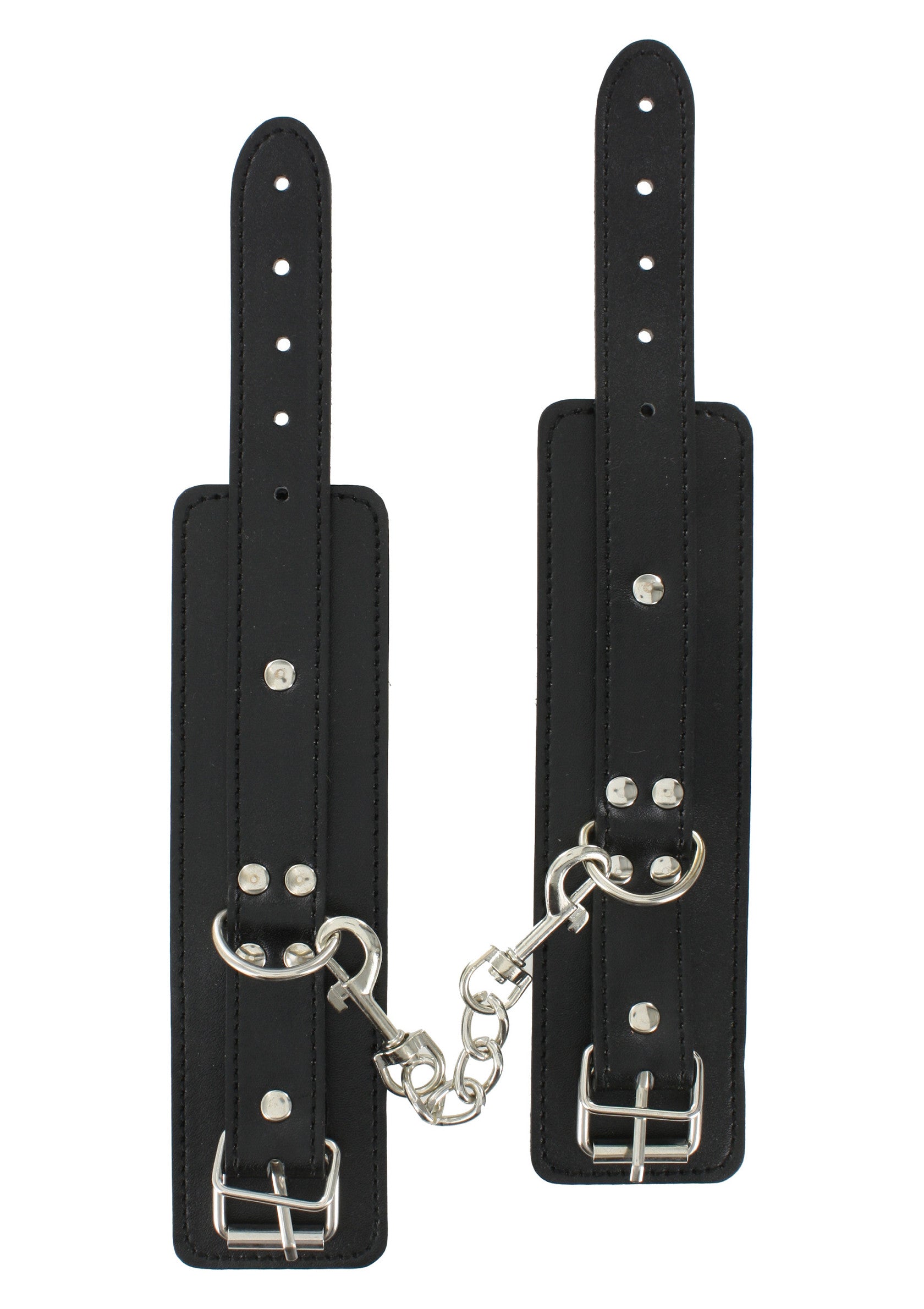 Menottes en cuir noir avec chaîne en métal argenté pour jeux de rôle et BDSM.; Zwarte leren handboeien met zilverkleurige metalen ketting voor rollenspellen en BDSM.; Black leather handcuffs with silver metal chain for role play and BDSM.