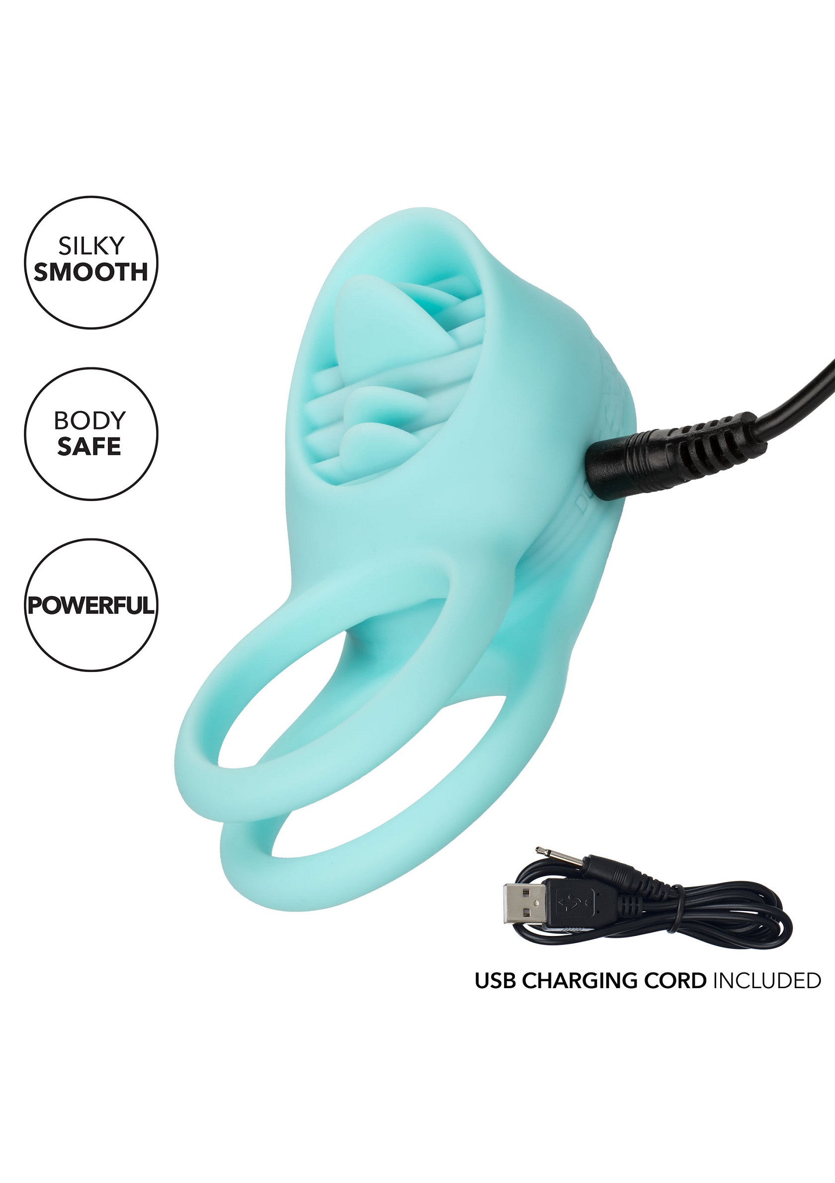 Jouet sexuel bleu sarcelle, lisse, sûr et puissant avec cordon de chargement USB inclus.; Teal seksspeeltje, glad, veilig en krachtig met inbegrepen USB-oplaadsnoer.; Teal sex toy, smooth, safe and powerful with included USB charging cord.