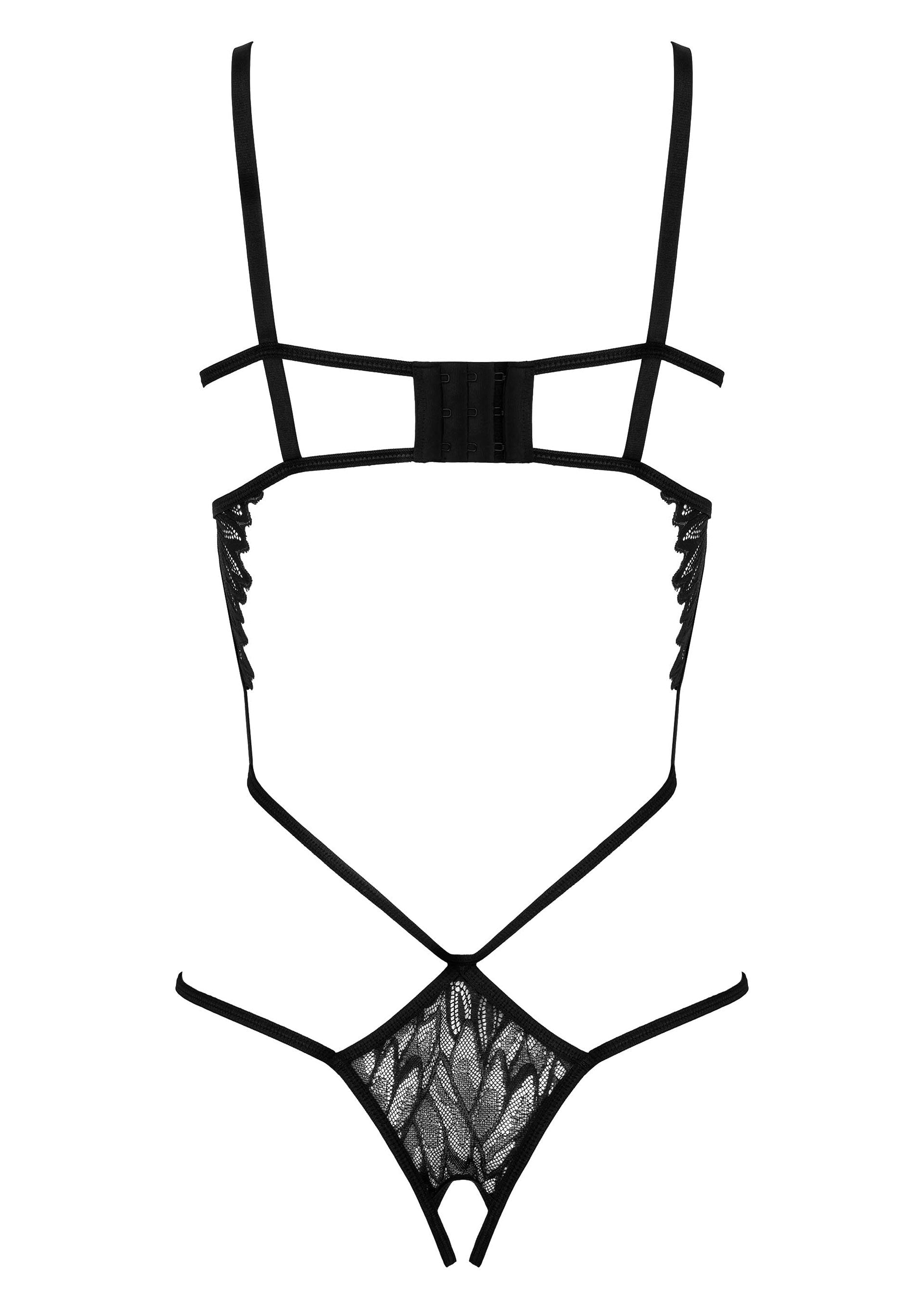 Body noir en dentelle, bretelles et découpes audacieuses. Lingerie séduisante pour une nuit spéciale.; Zwart kanten body met bandjes en gedurfde uitsnijdingen. Verleidelijke lingerie voor een speciale nacht.; Black lace body with straps and daring cutouts. Seductive lingerie for a special night.
