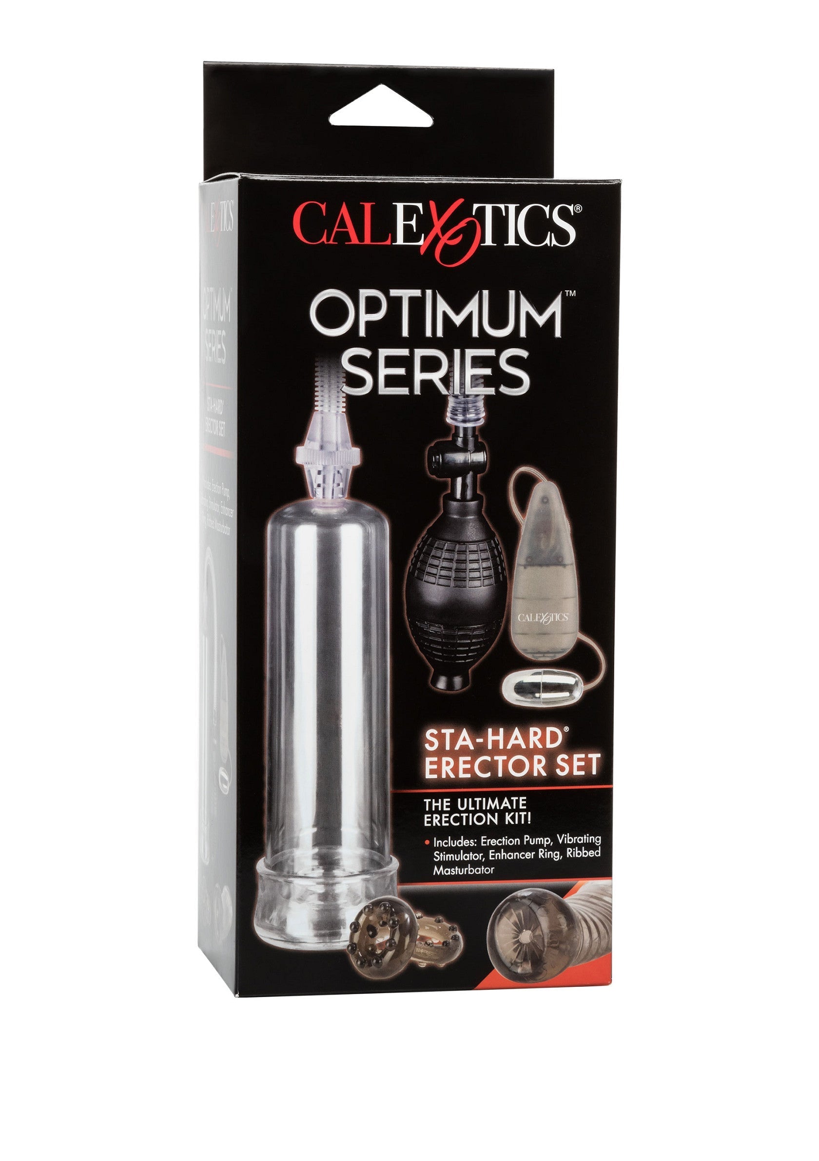 Kit d'érection Calexotics Optimum Series Sta-Hard pour une performance ultime. Inclut pompe, stimulateur, anneau et masturbateur.; Calexotics Optimum Series Sta-Hard Erectie Kit voor ultieme prestaties. Incl. pomp, stimulator, ring en masturbator.; Calexotics Optimum Series Sta-Hard Erector Set for ultimate performance. Includes pump, stimulator, ring, & masturbator.