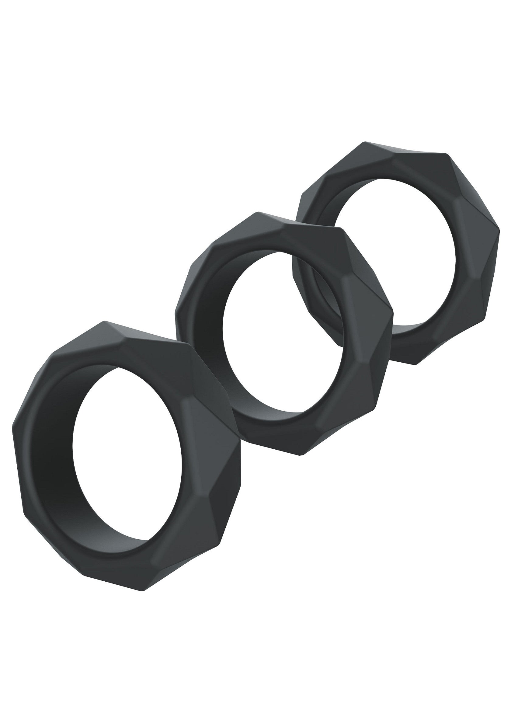 Ensemble de trois anneaux texturés noirs au design octogonal moderne.; Set van drie zwarte ringen met textuur in een modern achthoekig design.; Set of three textured black rings with a modern octagonal design.