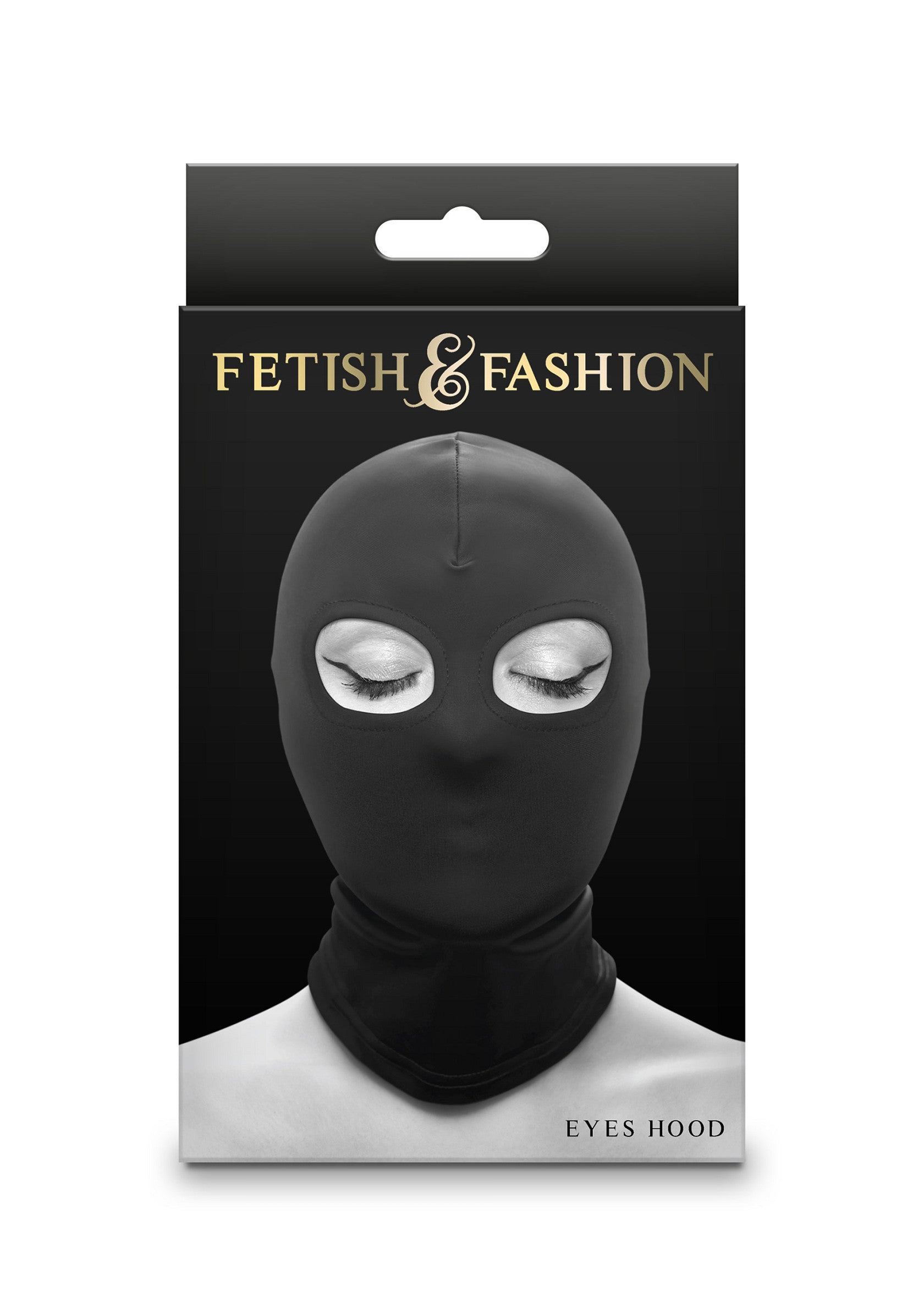 Cagoule noire fetish avec ouvertures pour les yeux, pour un look audacieux et mystérieux.; Zwarte fetish masker met oogopeningen, voor een gedurfde en mysterieuze look.; Black fetish hood with eye openings, for a daring and mysterious look.