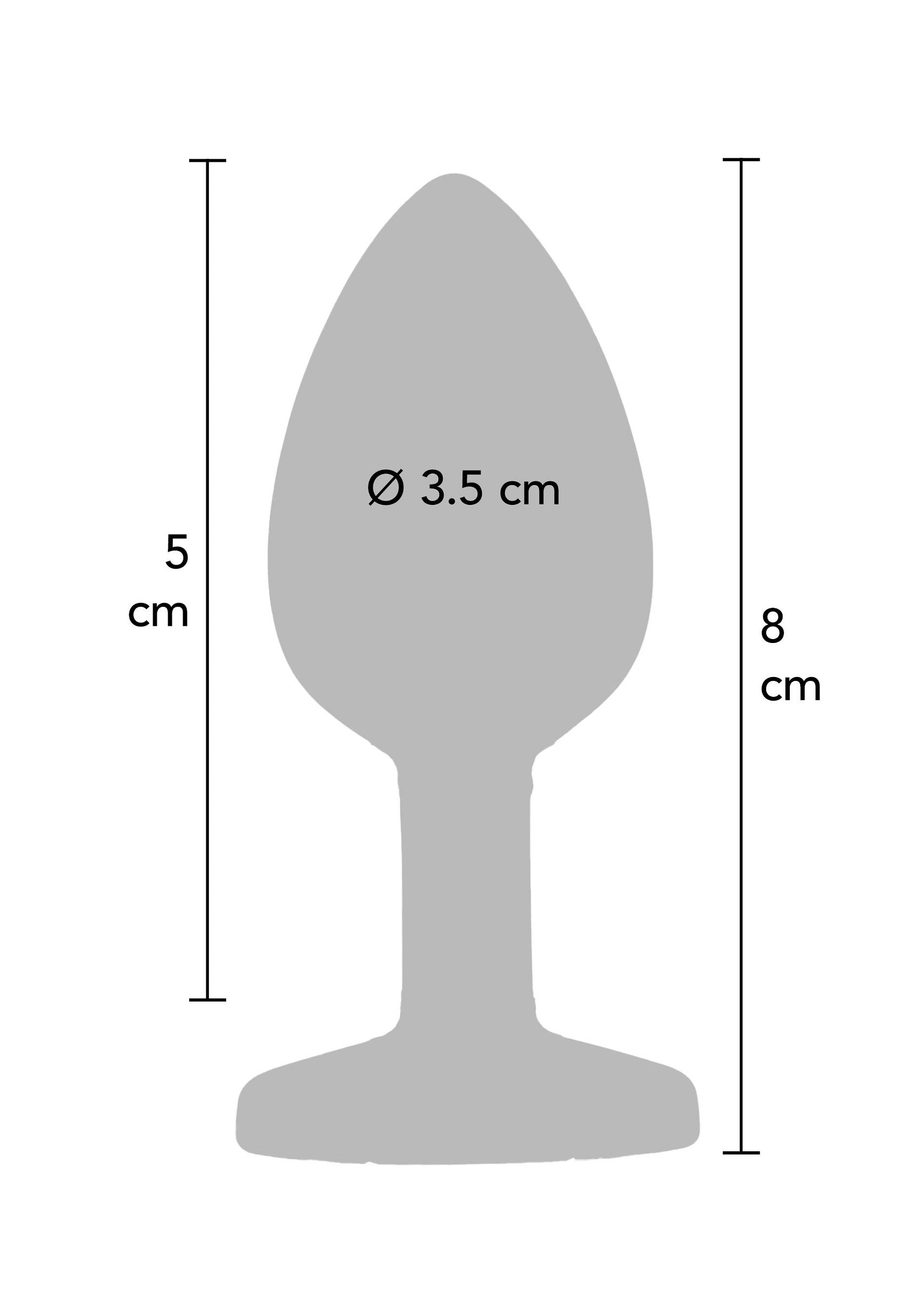 Schéma des dimensions d'un plug anal : 8 cm de hauteur, pointe de 3,5 cm de diamètre.; Schema van de afmetingen van een anale plug: 8 cm hoog, punt van 3,5 cm in diameter.; Diagram of anal plug dimensions: 8cm tall, 3.5cm diameter tip.