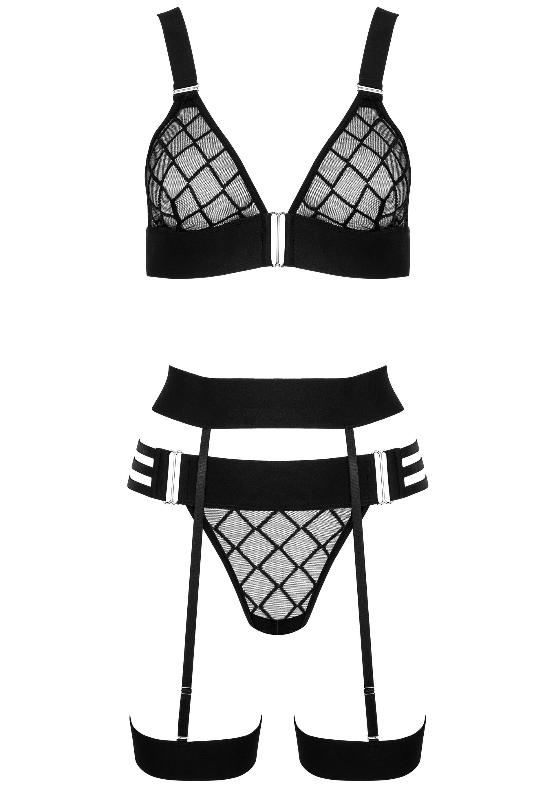 Ensemble de lingerie noir avec motif losanges et jarretières pour une allure séduisante et audacieuse.; Zwarte lingerie set met ruitpatroon en jarretels voor een verleidelijke en gedurfde look.; Black lingerie set featuring a diamond pattern and garter straps for a seductive and bold look.