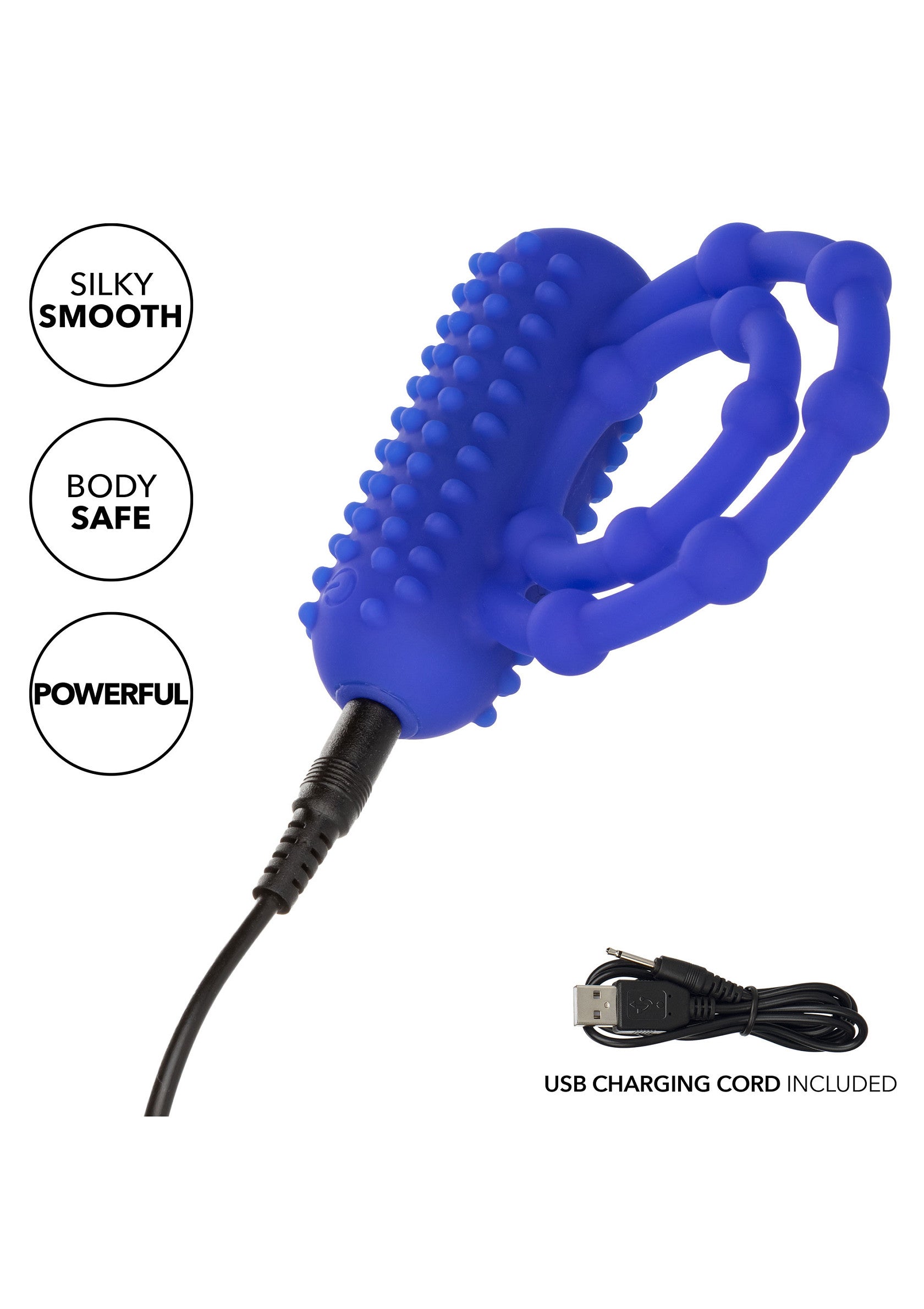 Masseur personnel rechargeable bleu avec picots et anneaux pour une expérience intense.; Oplaadbare blauwe stimulator met noppen en ringen voor een intense ervaring.; Rechargeable blue personal massager with nubs and rings for an intense experience.