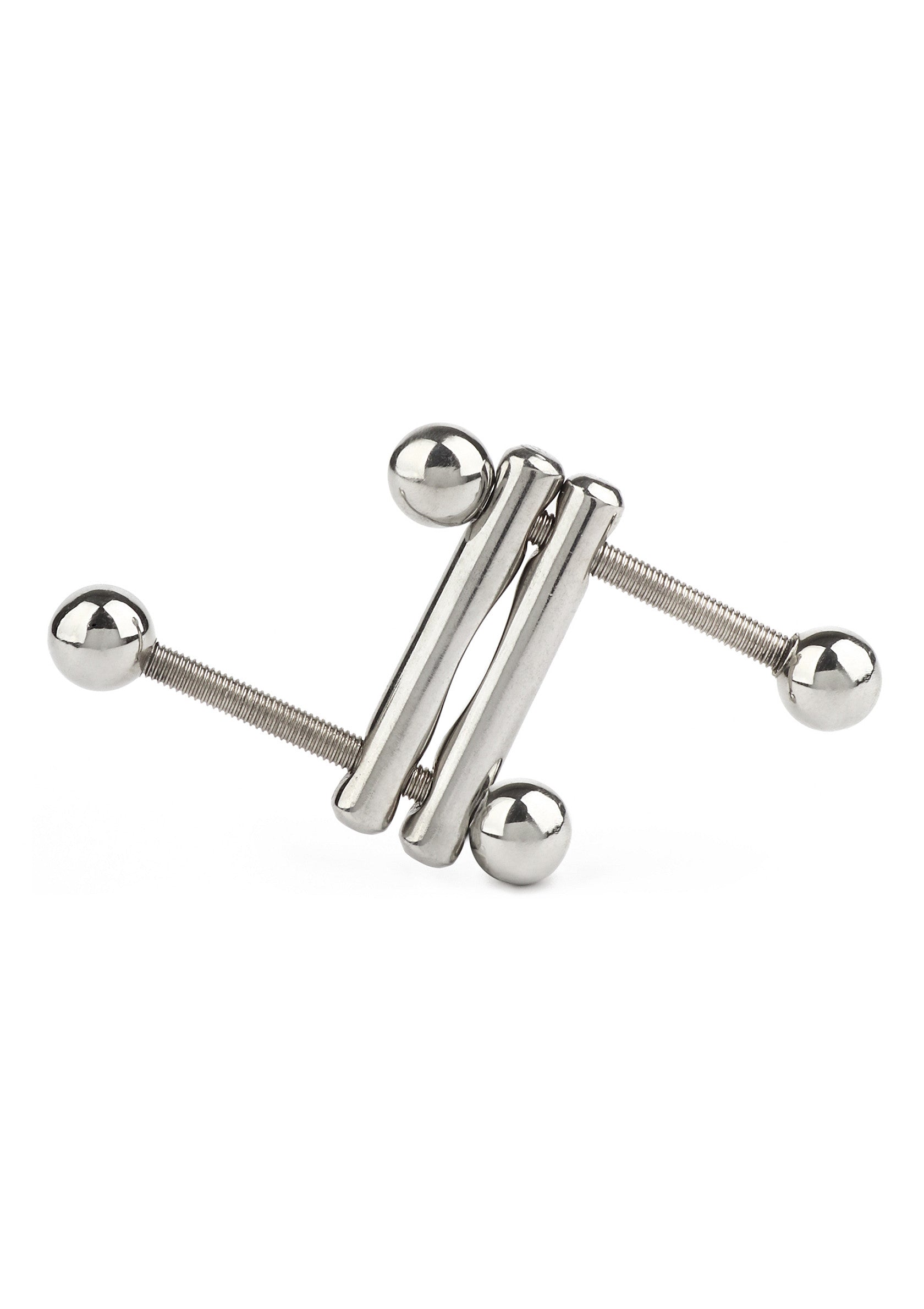 Piercing téton en acier inoxydable avec barre centrale à trois branches et boules. Bijou de corps tendance et élégant.; Roestvrijstalen tepelpiercing met centrale balk met drie tanden en ballen. Trendy en elegant sieraad.; Stainless steel nipple piercing with three-pronged center bar and balls. Trendy and elegant body jewelry.