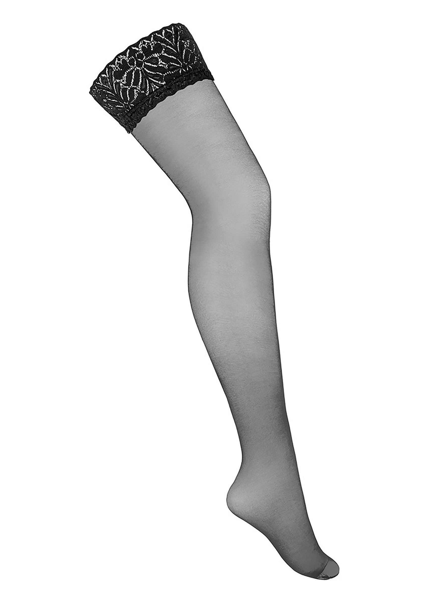 Bas autofixants transparents avec bordure en dentelle noire. Élégance et confort assurés.; Transparante kousenbanden met zwarte kanten rand. Gegarandeerde elegantie en comfort.; Sheer hold up stockings with black lace trim. Guaranteed elegance and comfort.