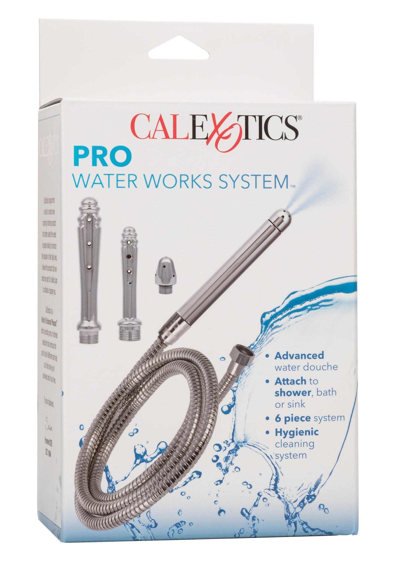 CalExotics Pro Water Works System : douchette hygiénique à fixer sur douche, baignoire ou lavabo. Système complet 6 pièces.; CalExotics Pro Water Works System: hygiënische douchekop om aan te sluiten op douche, bad of wastafel. Compleet 6-delig systeem.; CalExotics Pro Water Works System: hygienic water douche to attach to shower, bath or sink. Complete 6 piece system.