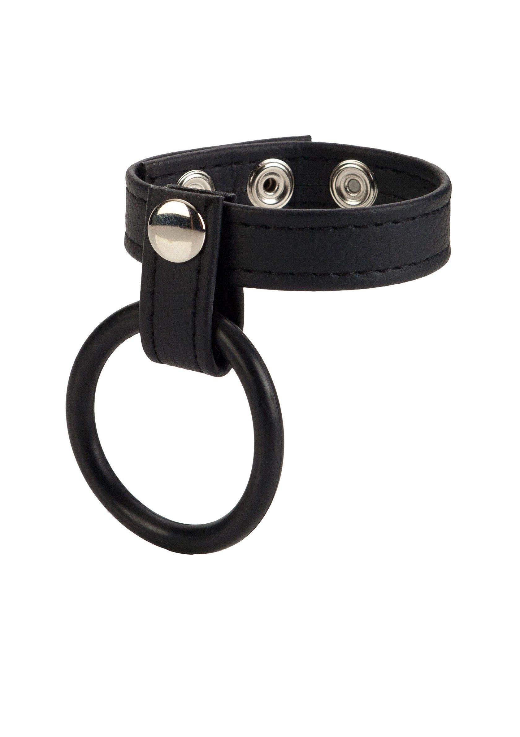 Anneau pénien en cuir noir réglable avec boutons pression, pour une expérience intense et personnalisée.; Verstelbare zwarte leren penisring met drukknopen voor een intense en persoonlijke ervaring.; Adjustable black leather cock ring with snaps for an intense, custom fit.