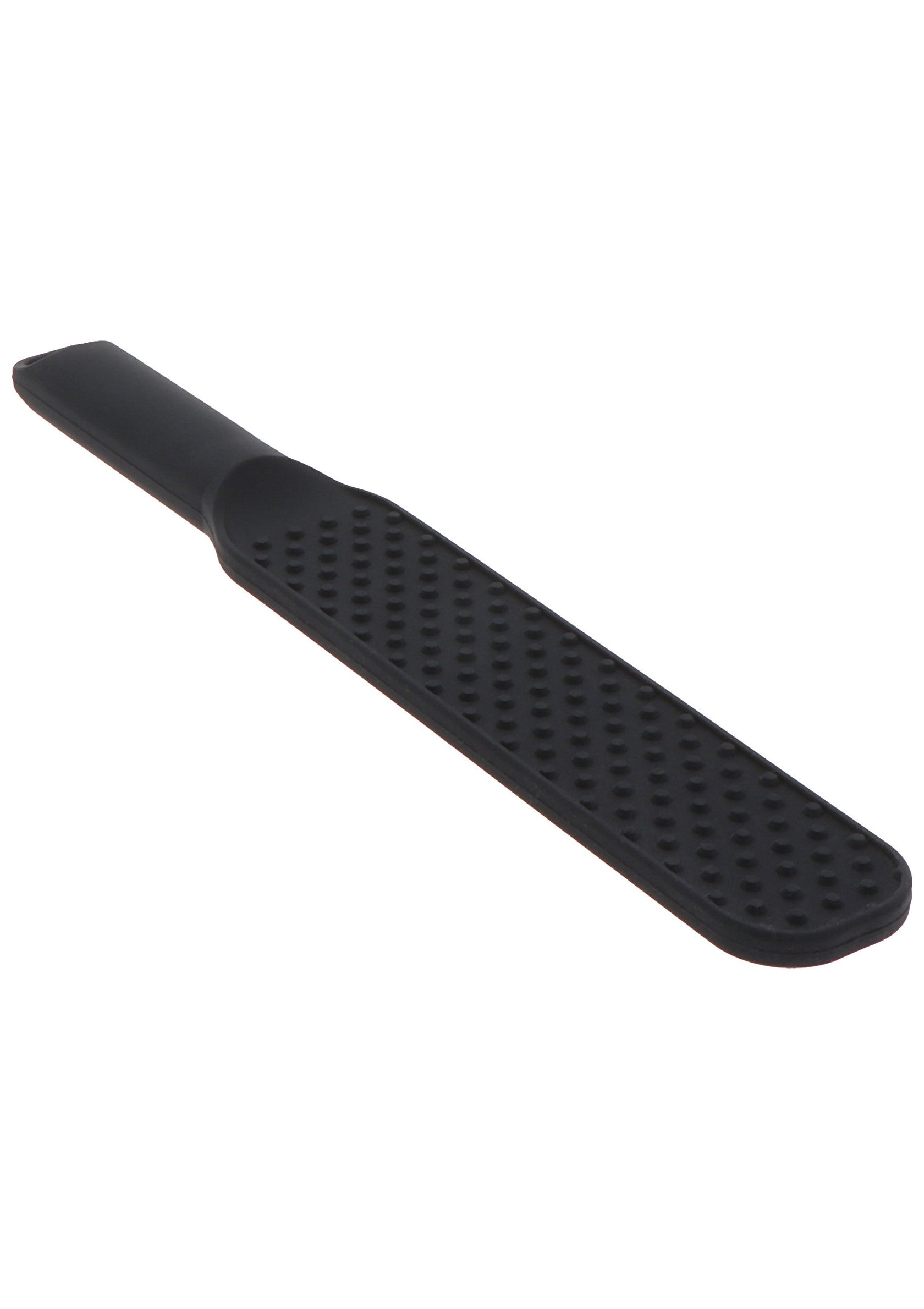 Batte plate noire texturée. Accessoire discret et versatile pour jeux de rôle, punitions et pratiques BDSM.; Platte, zwarte peddel met textuur. Discrete en veelzijdige accessoire voor rollenspellen, straffen en BDSM-praktijken.; Textured, flat black paddle. Discreet and versatile accessory for roleplay, punishment, and BDSM practices.