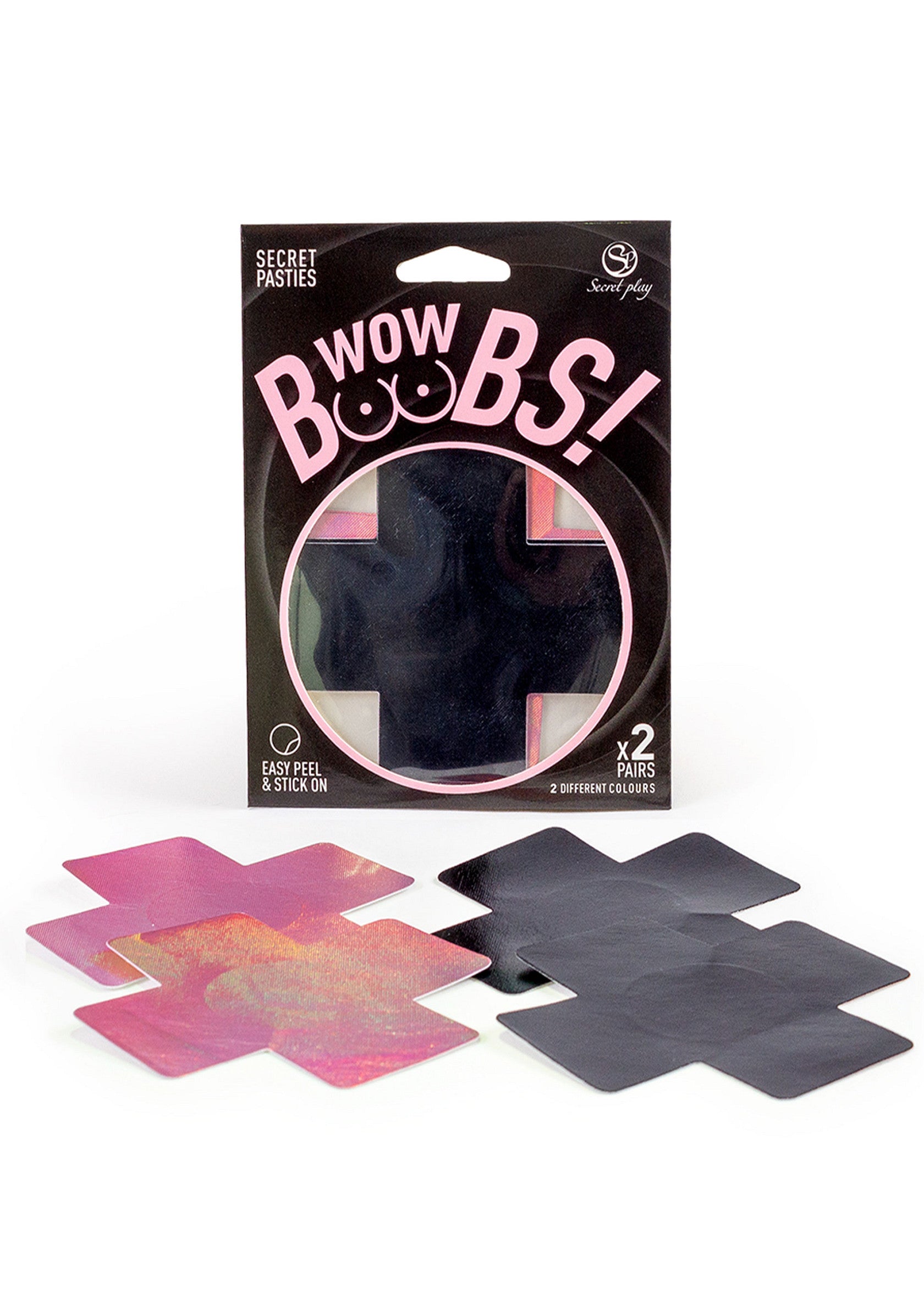 Cache-tétons Wow Boobs! croix noire et rose, discrets et confortables.; Wow Boobs! tepelbedekkers kruis zwart en roze, discreet en comfortabel.; Wow Boobs! nipple covers cross black and pink, discreet and comfortable.