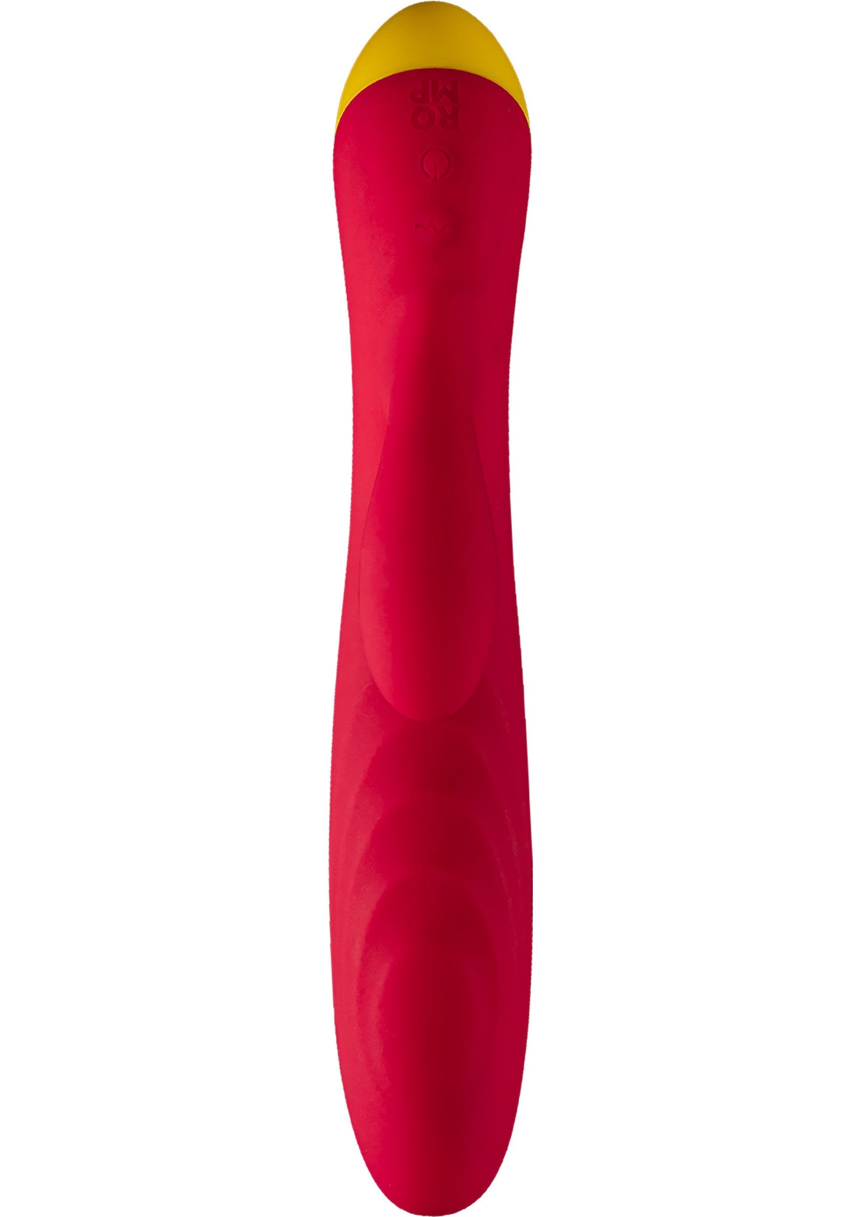 Vibromasseur rouge et jaune élégant pour le plaisir personnel.; Elegante rode en gele vibrator voor persoonlijk genot.; Sleek red and yellow vibrator for personal pleasure.