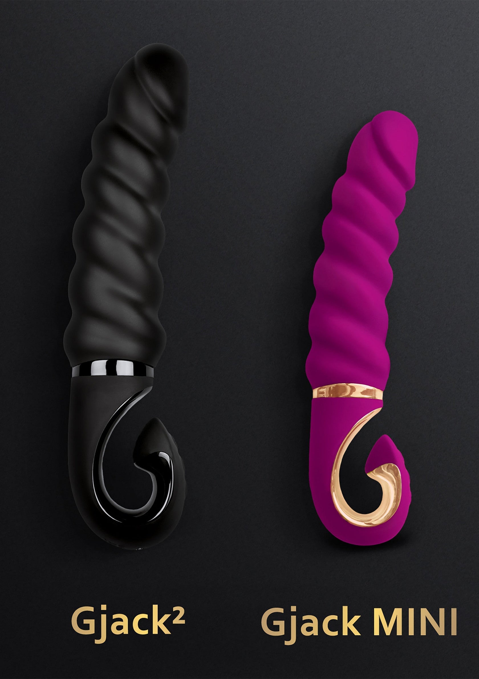 Gjack² et Gjack MINI : deux stimulateurs personnels torsadés pour un plaisir intense.; Gjack² en Gjack MINI: Twee getwiste, persoonlijke stimulators voor intens genot.; Gjack² and Gjack MINI: Two twisted, personal stimulators for intense pleasure.
