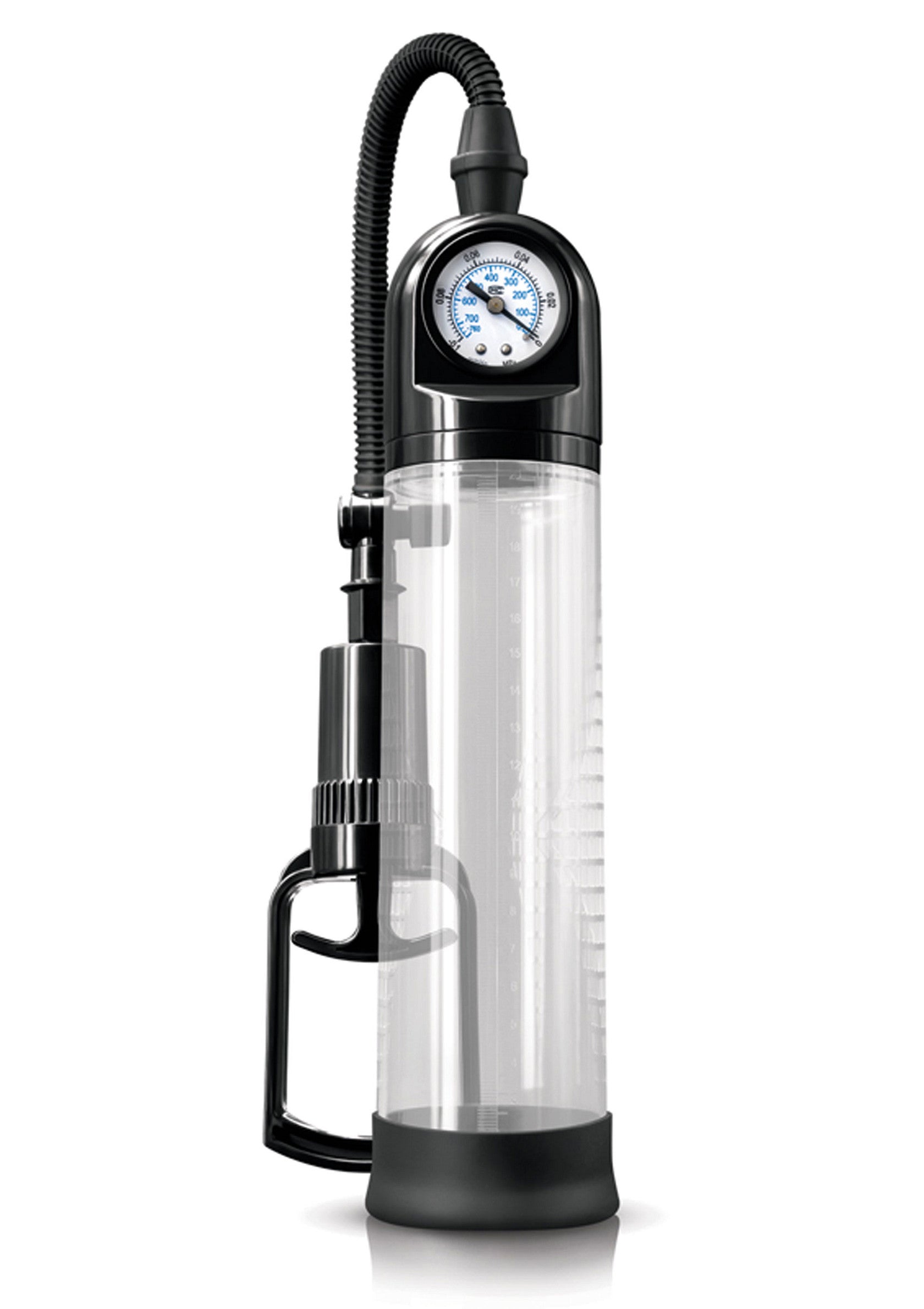 Pompe à pénis avec manomètre pour un contrôle précis de la pression.; Penis pomp met manometer voor nauwkeurige drukregeling.; Penis pump with pressure gauge for precise pressure control.