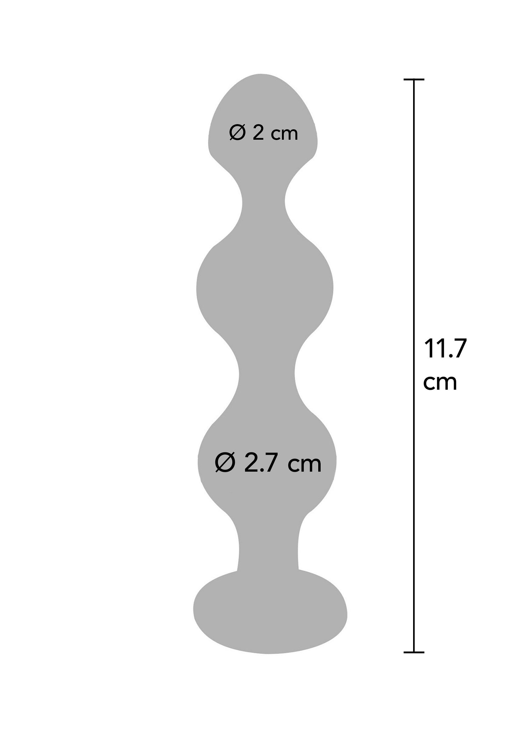 Plug anal à trois billes avec des dimensions de 11,7 cm de long et 2,7 cm de diamètre.; Anal plug met drie ballen en afmetingen van 11,7 cm lang en 2,7 cm in diameter.; Butt plug with three beads and dimensions of 11.7 cm long and 2.7 cm in diameter.