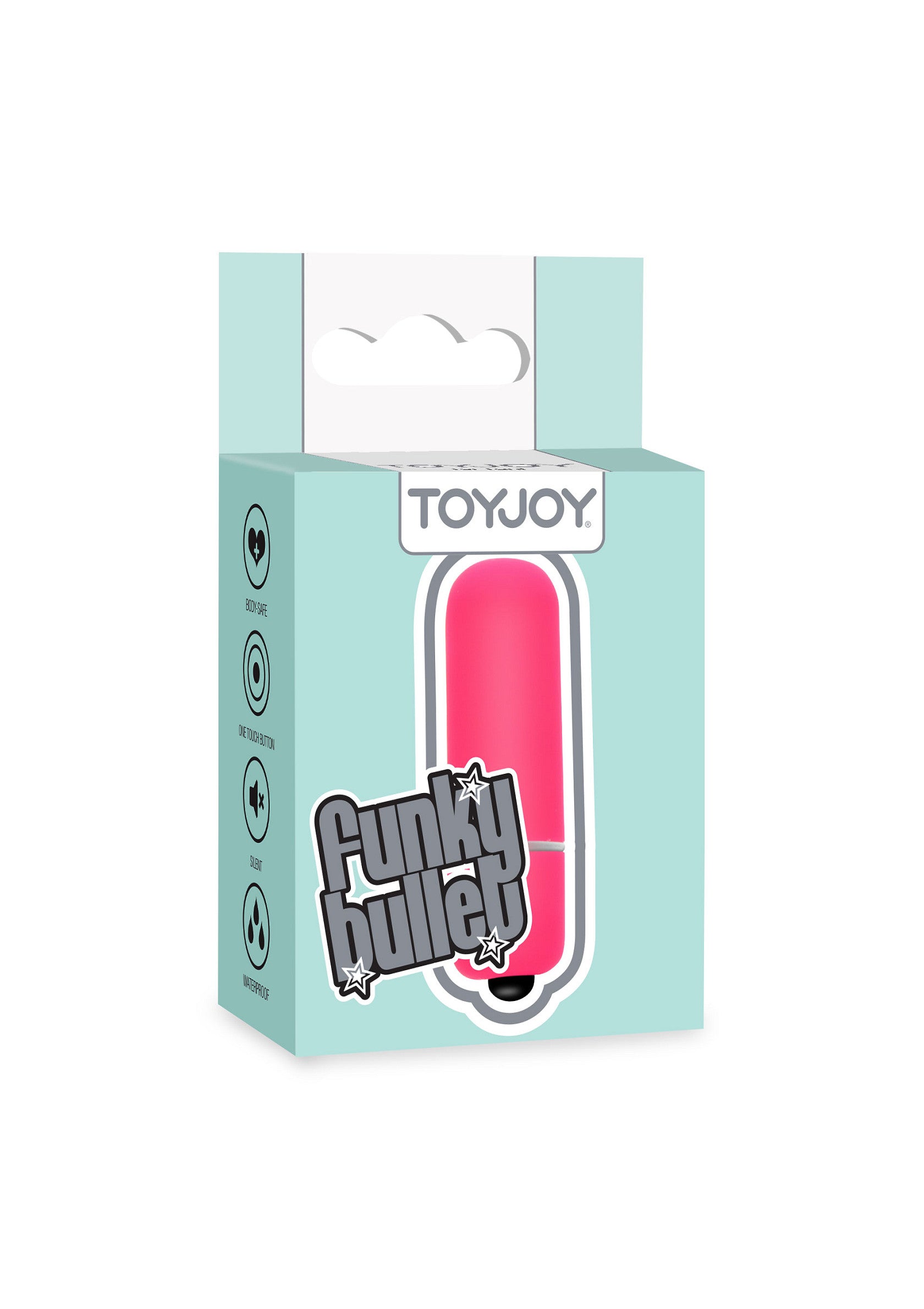 ToyJoy Funky Bullet rose vibrant dans son emballage coloré.; ToyJoy Funky Bullet vibrator in felle roze kleur in een kleurrijke verpakking.; ToyJoy Funky Bullet vibrator in vibrant pink color in a colorful packaging.