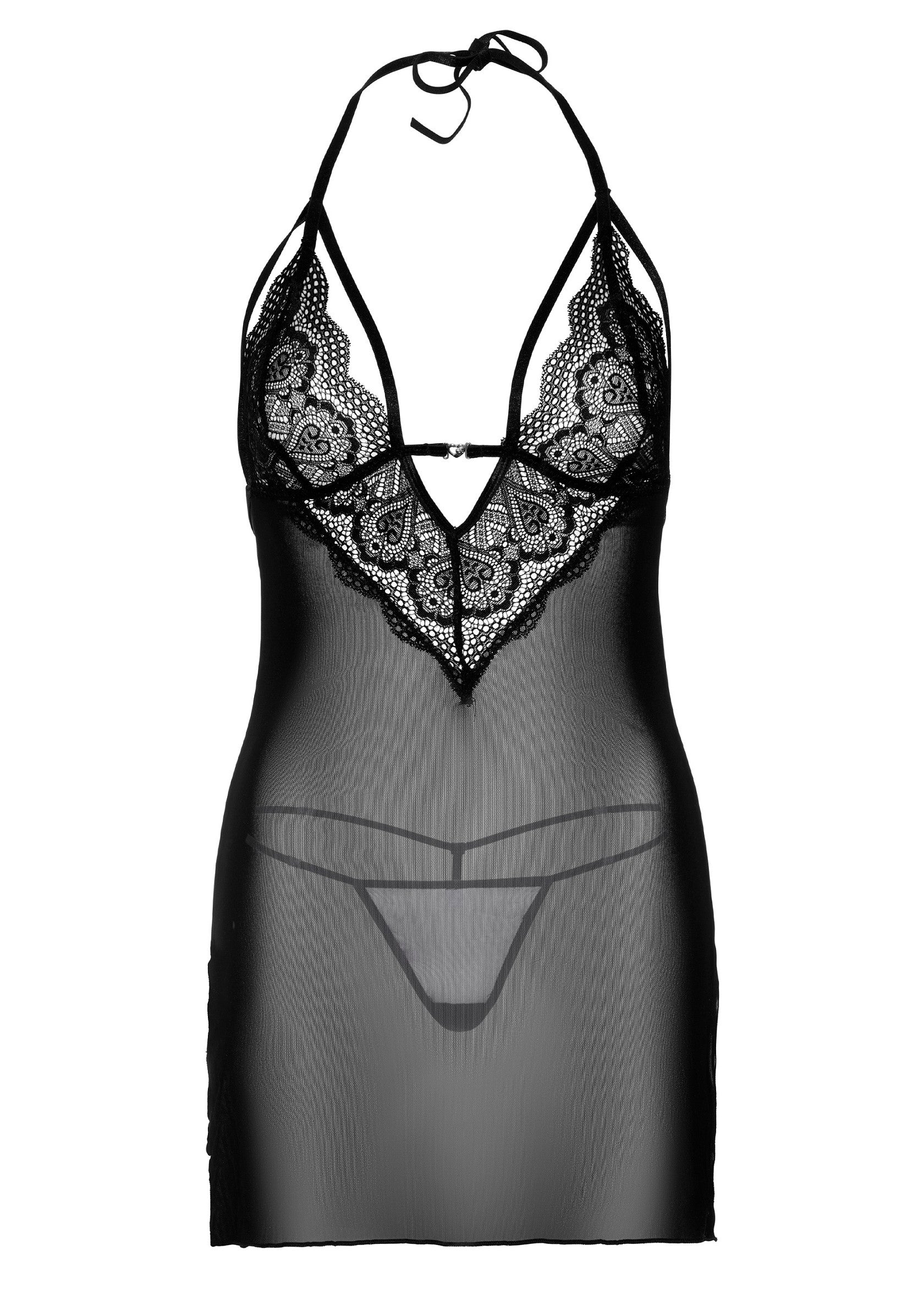 Nuisette noire transparente avec dentelle délicate et coupe flatteuse.; Zwarte, transparante babydoll met delicate kanten details en flatterende pasvorm.; Black sheer babydoll with delicate lace details and flattering cut.