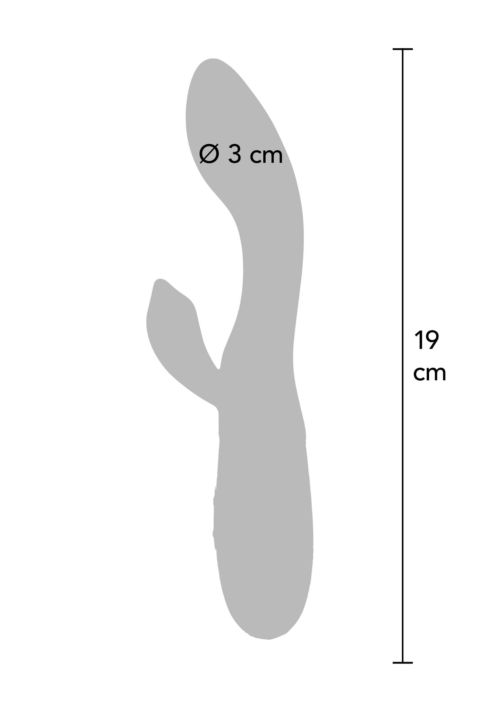 Image schématique d'un vibromasseur avec ses dimensions (19 cm de long et 3 cm de diamètre).; Schema van een vibrator met afmetingen (19 cm lang en 3 cm diameter).; Schematic image of a vibrator with dimensions (19 cm long and 3 cm diameter).