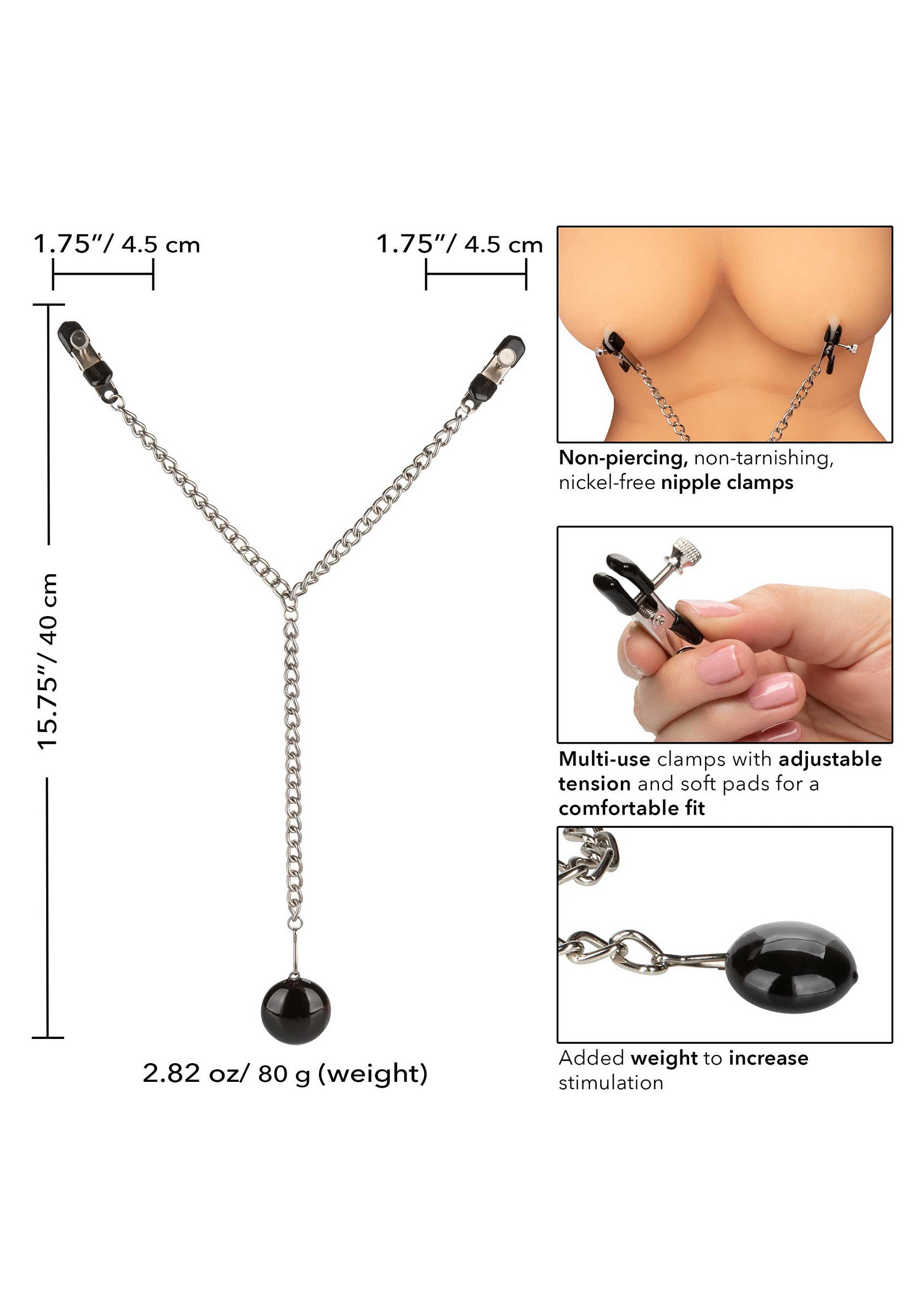 Pinces à tétons non perçantes avec poids. Intensifiez le plaisir en douceur. Pinces réglables et poids élégant pour plus de stimulation.; Niet-piercing tepelklemmen met gewicht. Verhoog het plezier op een zachte manier. Verstelbare klemmen en een elegant gewicht voor stimulatie.; Non-piercing nipple clamps with weight. Intensify pleasure gently. Adjustable clamps and a stylish weight for added stimulation.