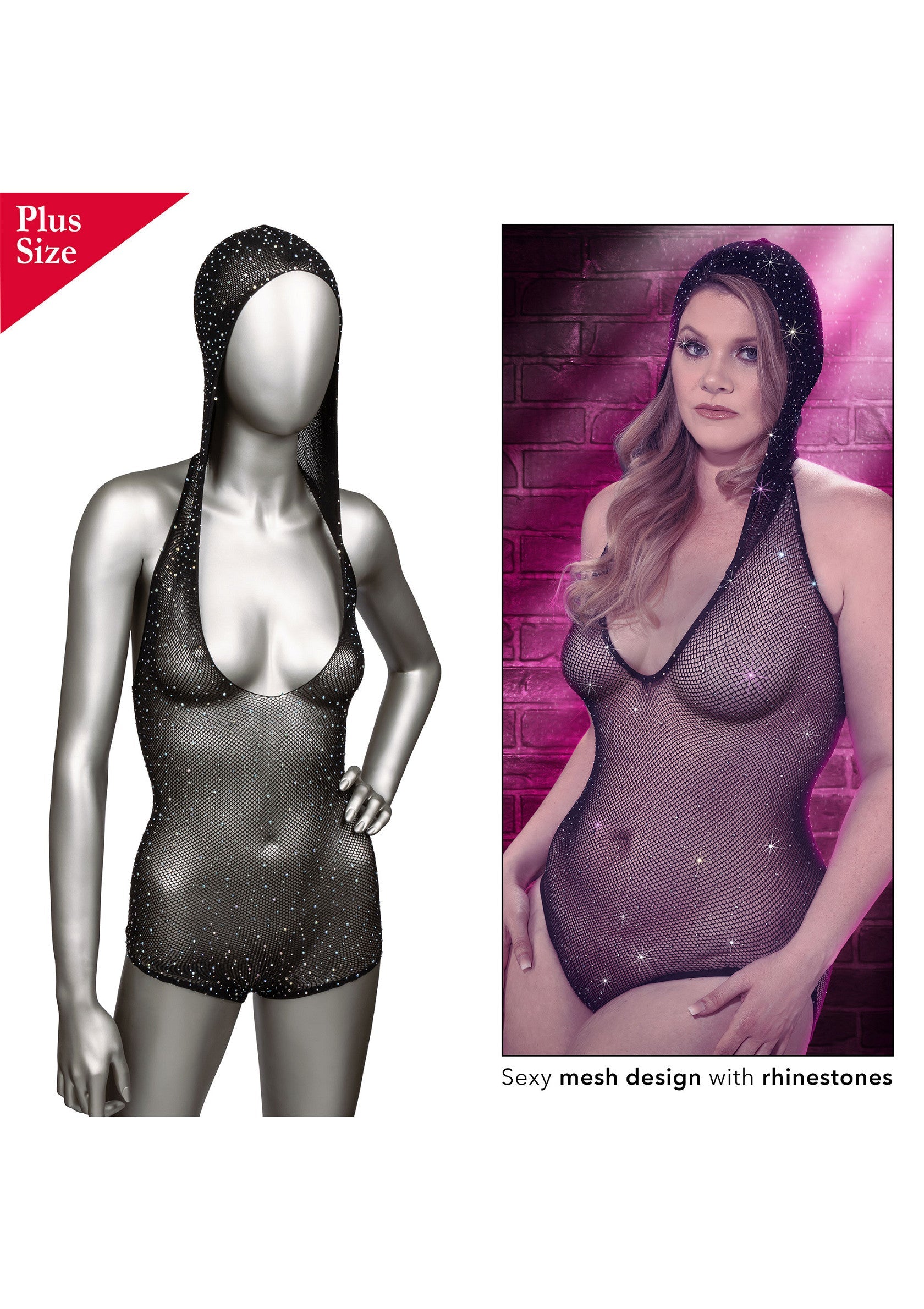 Body résille sexy avec capuche et strass, disponible en grandes tailles.; Sexy mesh bodysuit met capuchon en strass, verkrijgbaar in grote maten.; Sexy mesh bodysuit with hood and rhinestones, available in plus sizes.
