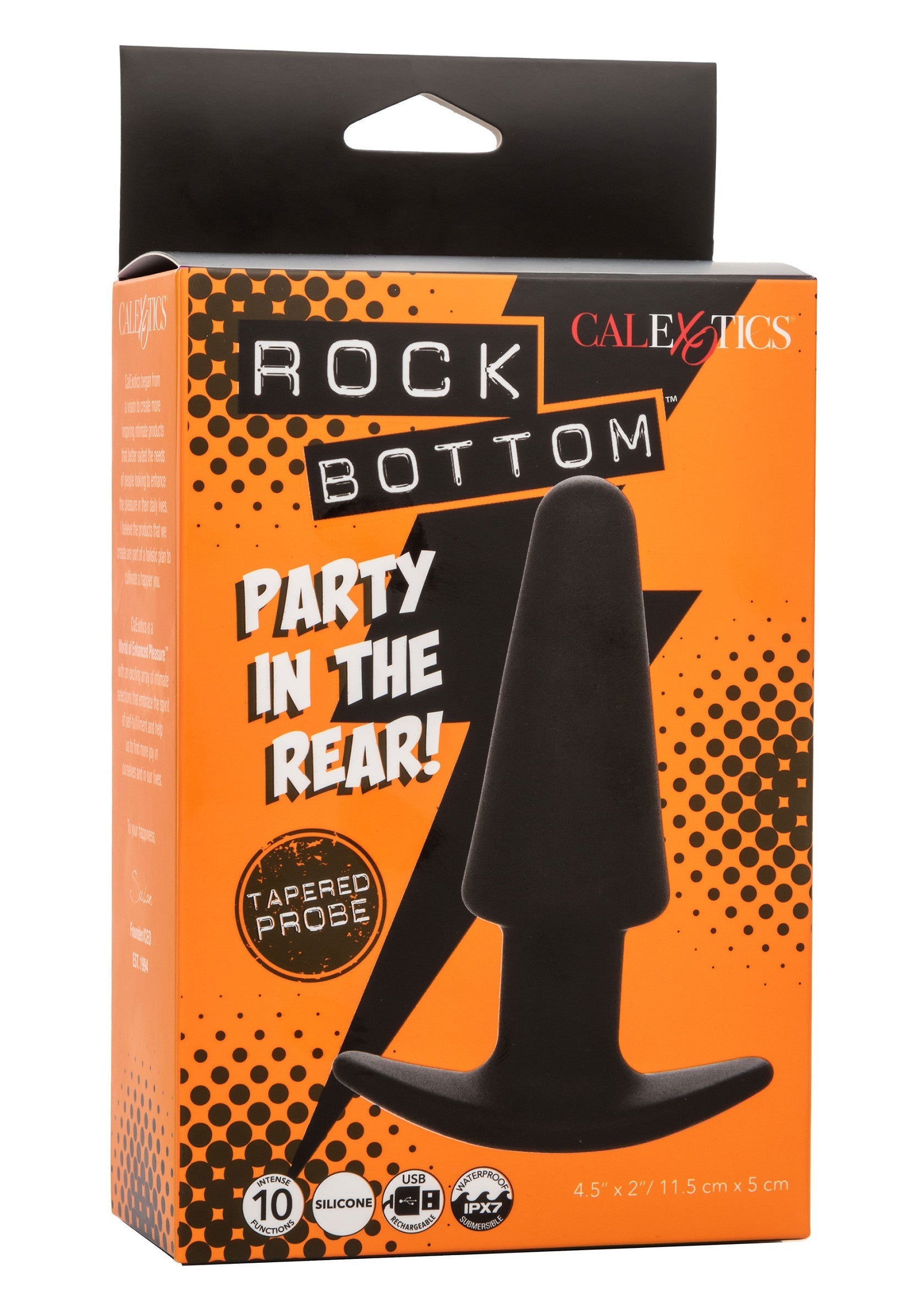 Rock Bottom Party In The Rear ! Sonde conique noire de CalExotics. Pour une insertion confortable.; Rock Bottom Party In The Rear! Zwarte taps toelopende sonde van CalExotics. Voor comfortabel inbrengen.; Rock Bottom Party In The Rear! Black tapered probe by CalExotics. For comfortable insertion.