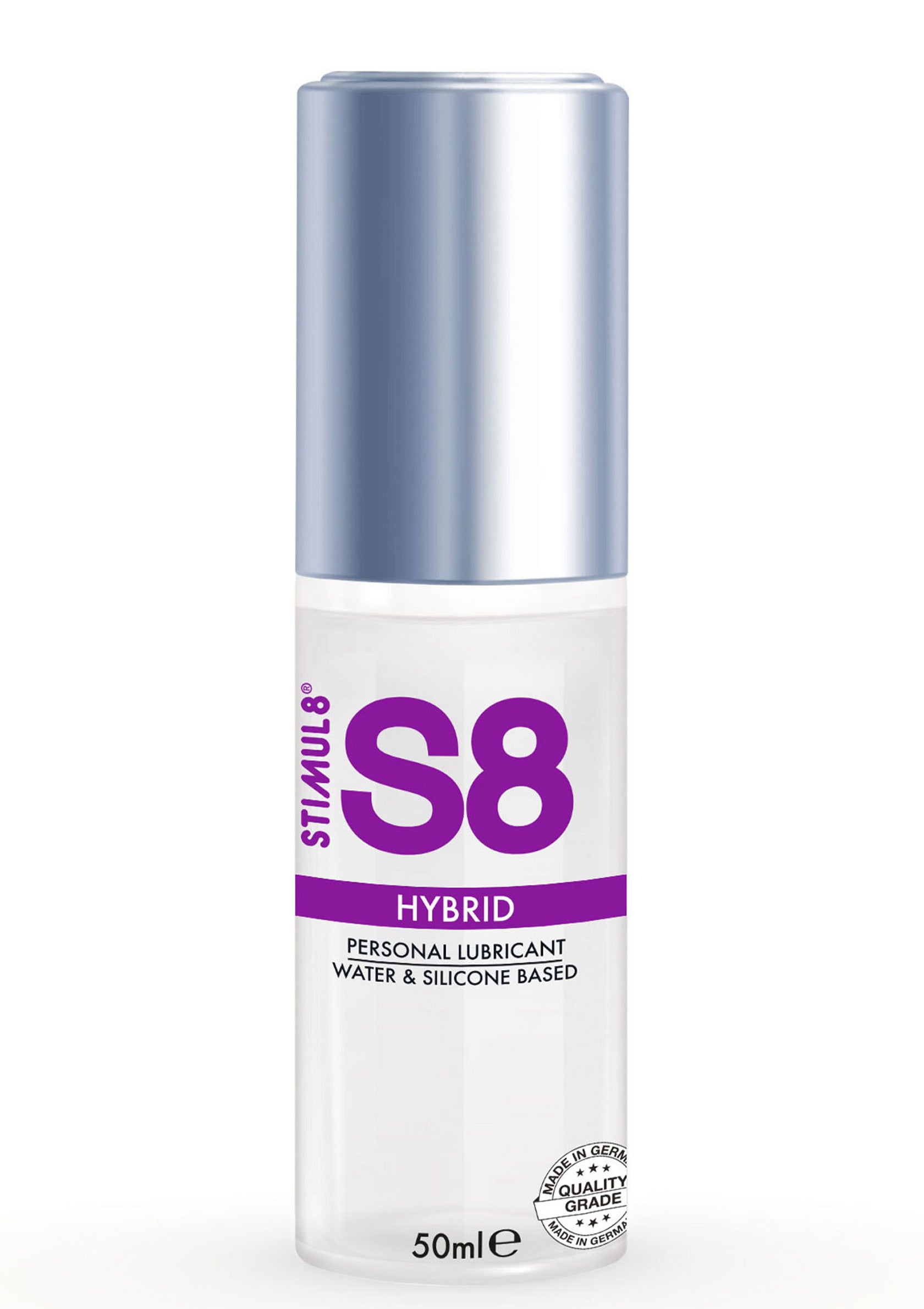 Lubrifiant personnel Stimul8 S8 Hybrid, base eau et silicone, 50ml. Pour une expérience intime douce et durable.; Stimul8 S8 Hybrid glijmiddel, water- en siliconenbasis, 50ml. Voor een zachte en langdurige intieme ervaring.; Stimul8 S8 Hybrid personal lubricant, water & silicone based, 50ml. For a smooth and long-lasting intimate experience.