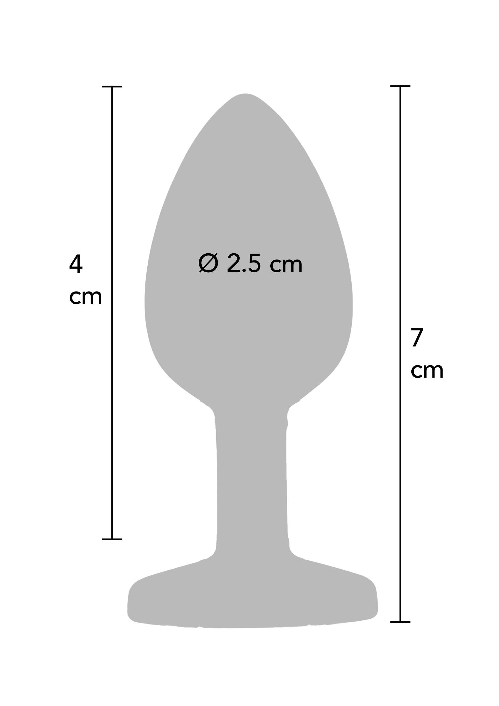 Dimensions détaillées d'un plug anal : hauteur 7cm, hauteur de la pointe 4cm, diamètre 2,5cm. Guide des tailles pour adultes.; Gedetailleerde afmetingen van een anale plug: hoogte 7cm, hoogte punt 4cm, diameter 2,5cm. Maatgids voor volwassenen.; Detailed dimensions of an anal plug: height 7cm, tip height 4cm, diameter 2.5cm. Adult toy size guide.