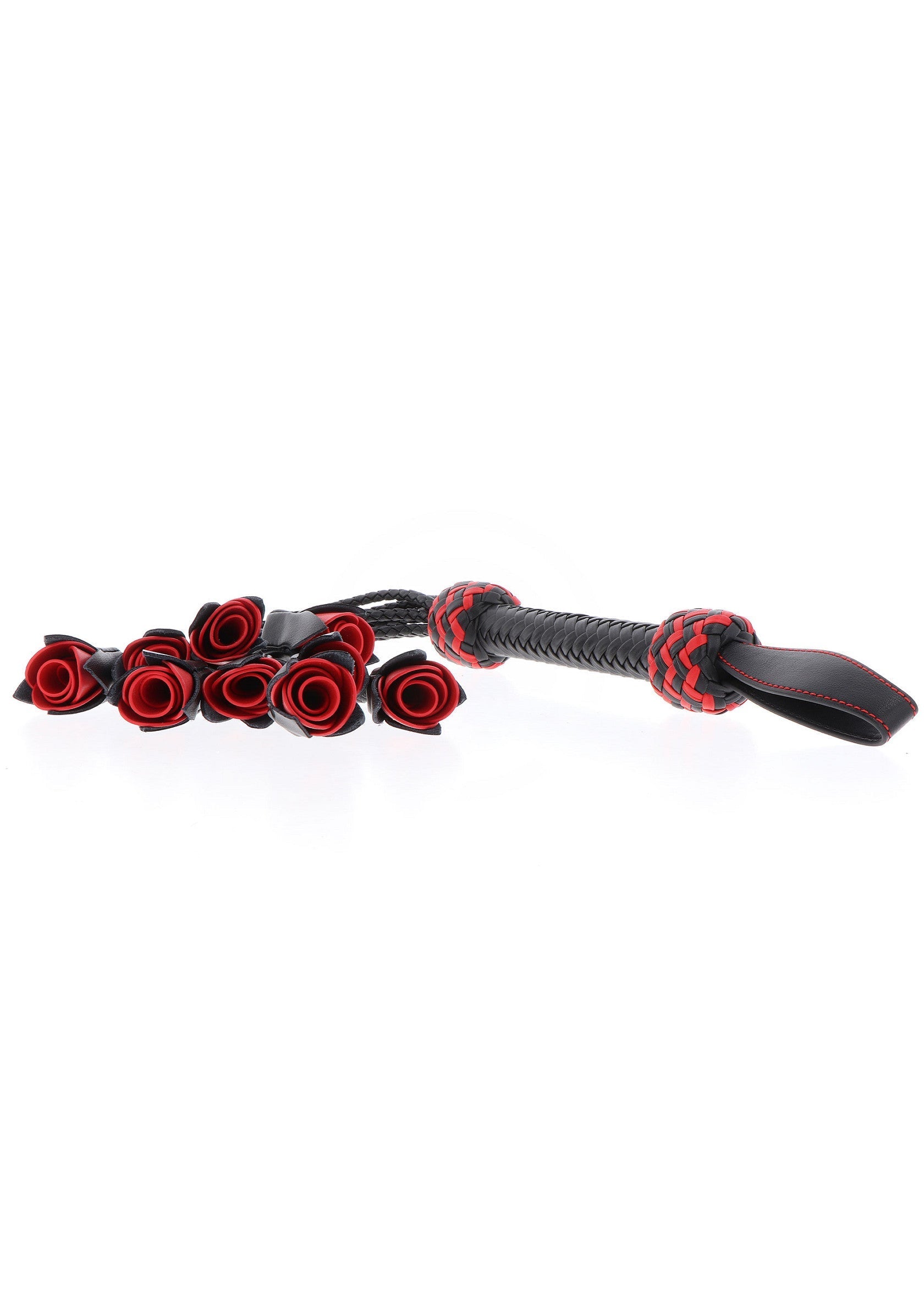 Cravache en cuir noir et rouge avec roses rouges. Un accessoire érotique pour les jeux coquins.; Zwart en rode leren zweep met rode rozen. Een erotisch accessoire voor ondeugende spelletjes.; Black and red leather flogger with red roses. An erotic accessory for kinky games.