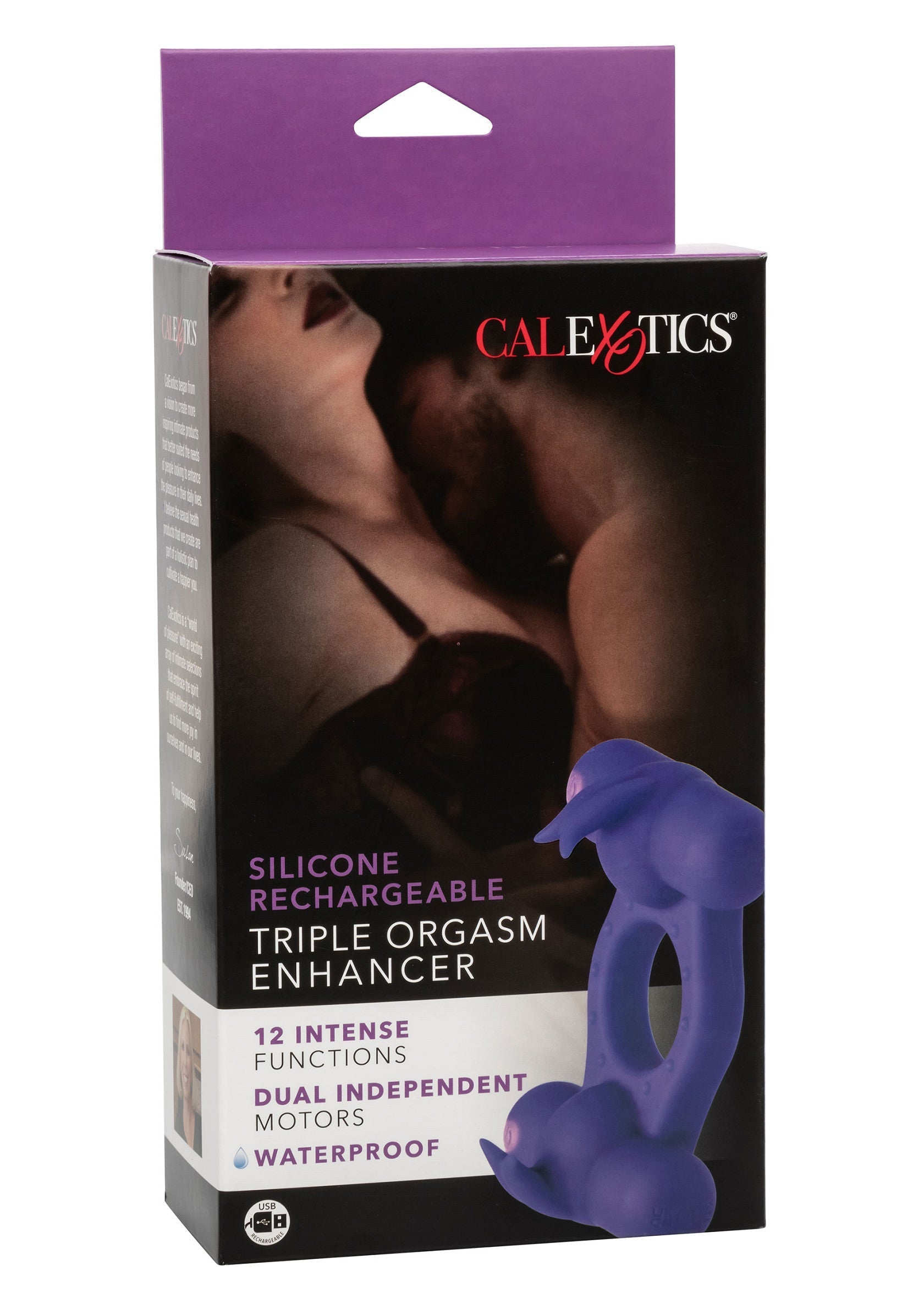 CalExotics Triple Orgasme Enhancer : plaisir intense, rechargeable, waterproof. Découvrez des orgasmes multiples !; CalExotics Triple Orgasme Enhancer: intense plezier, oplaadbaar, waterproof. Ontdek meervoudige orgasmes!; CalExotics Triple Orgasm Enhancer: intense pleasure, rechargeable, waterproof. Experience multiple orgasms!