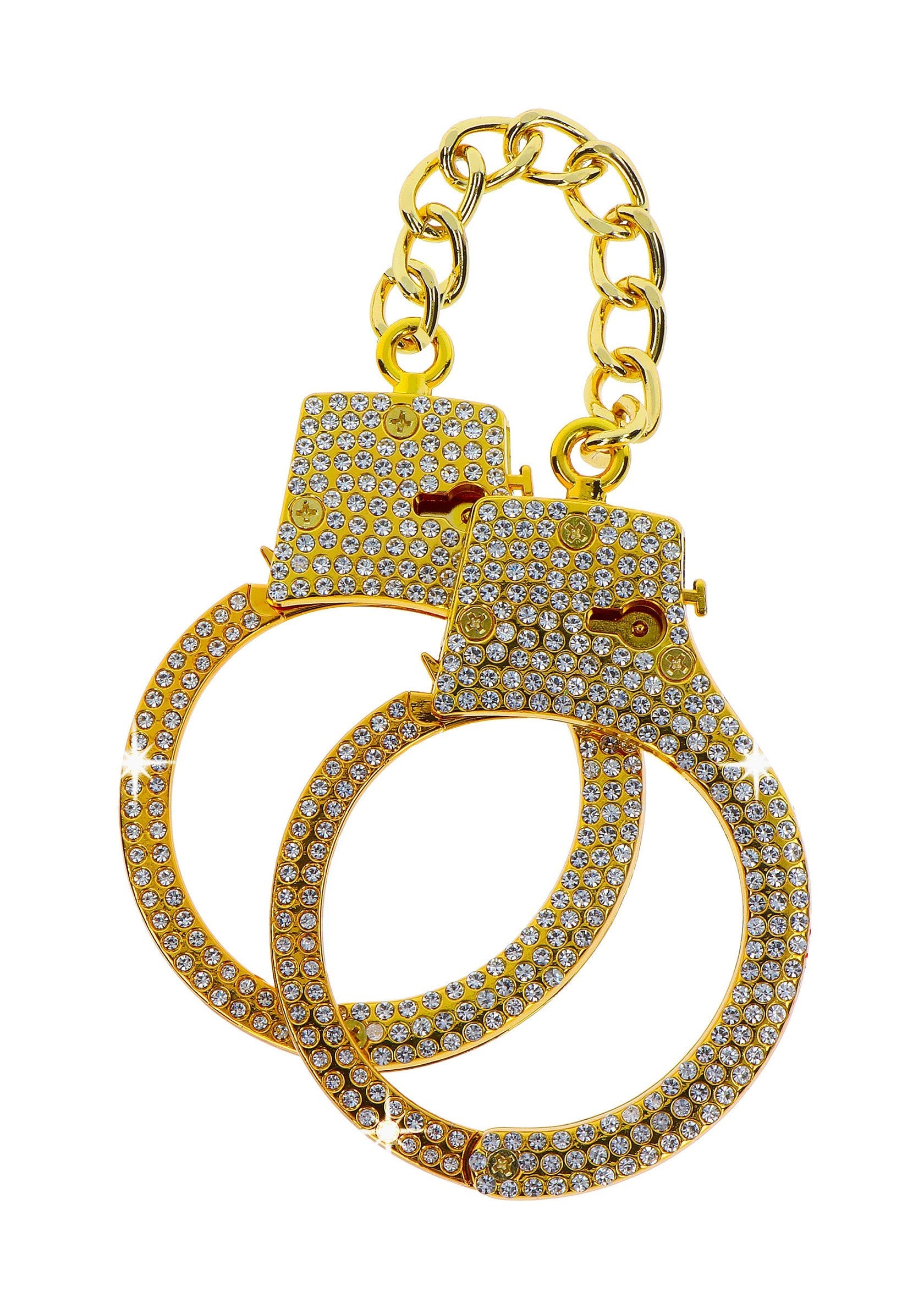 Menottes dorées brillantes pour un déguisement original et audacieux.; Glitterende gouden handboeien voor een uniek en gewaagd kostuum.; Sparkling golden handcuffs for a unique and daring costume.